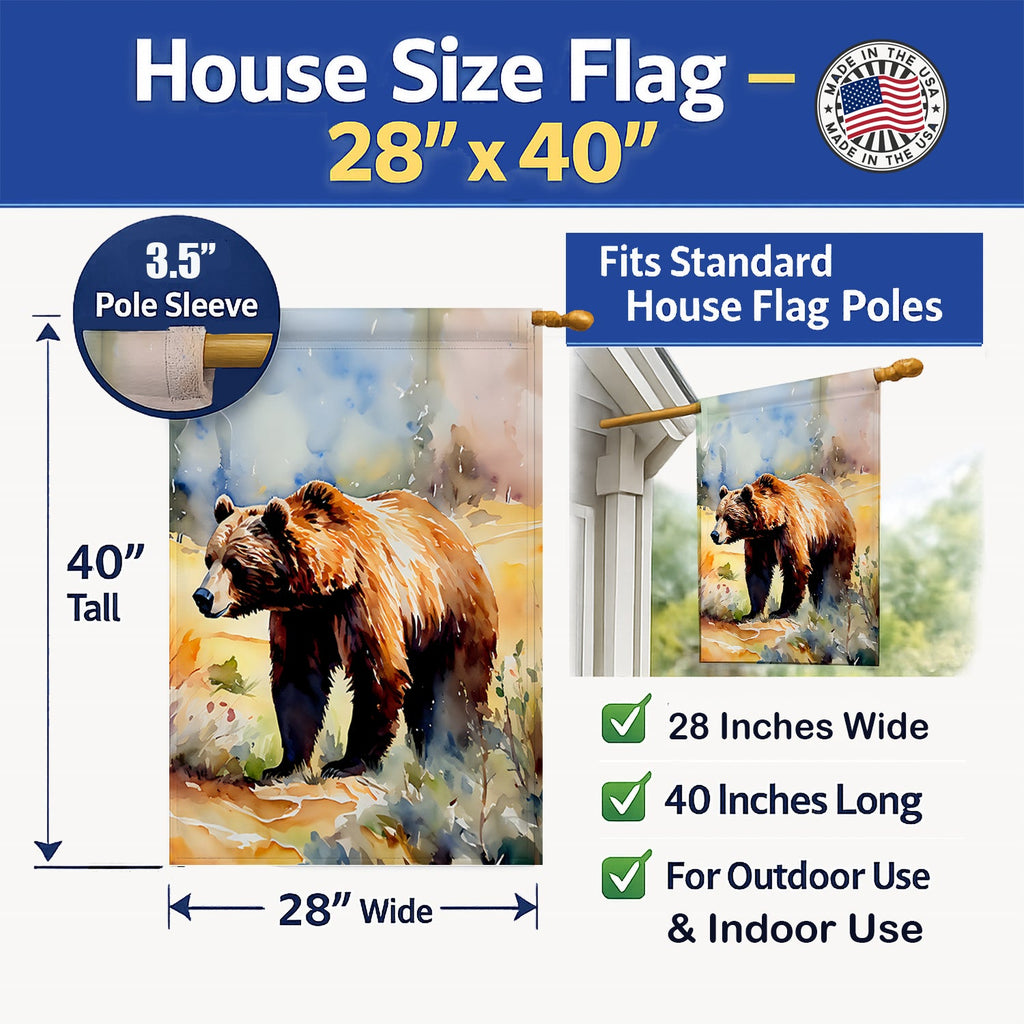 Grizzly Bear House Flag 28x40 Porch Sleeve Pole Decorative Outside Yard Banner Artwork Wall Hanging, Polyester