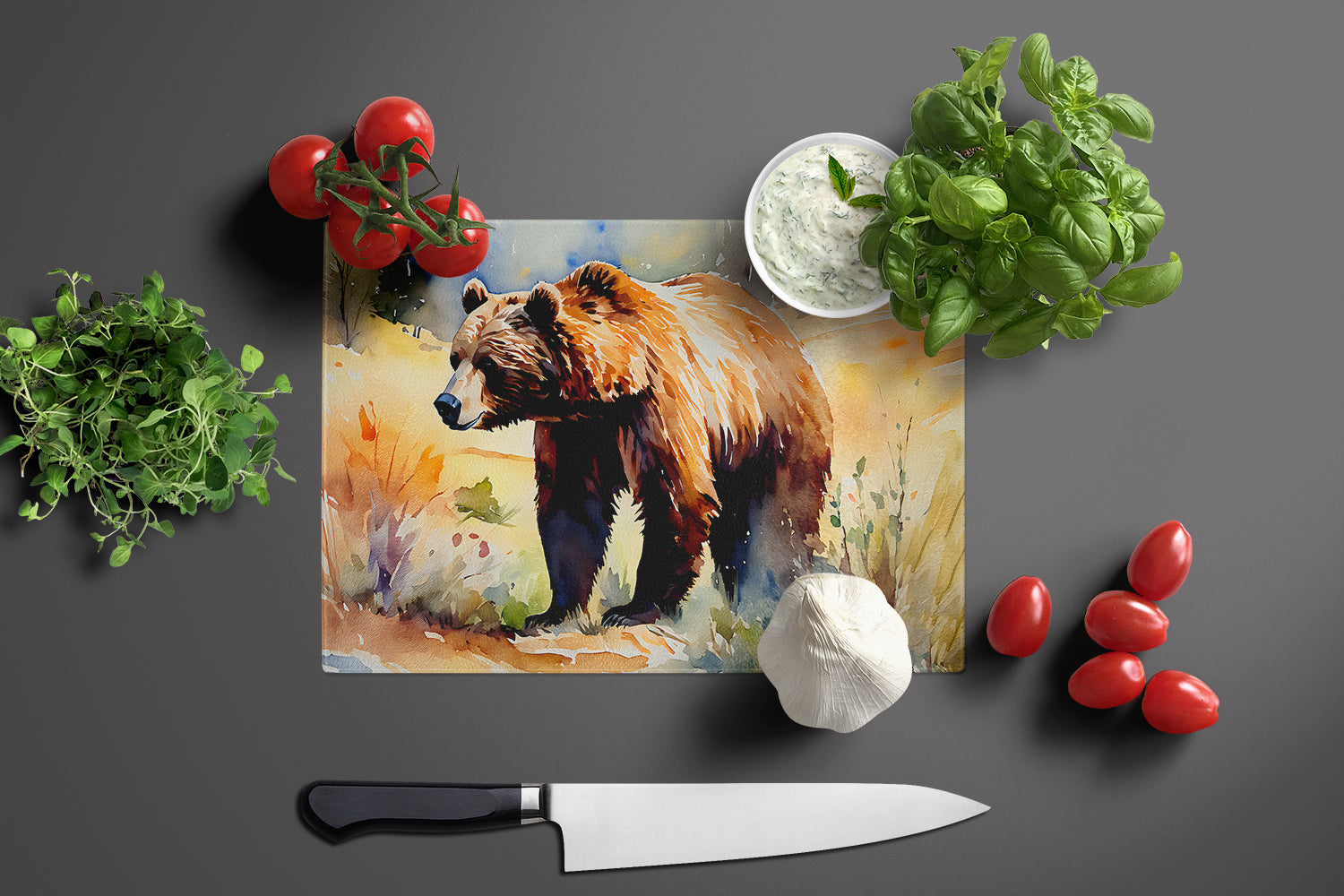 Grizzly Bear Cutting Board Tempered Glass Kitchen Cutting Surface, Heat Resistant Chopping, Non-Slip Feet, Food Prep & Serving