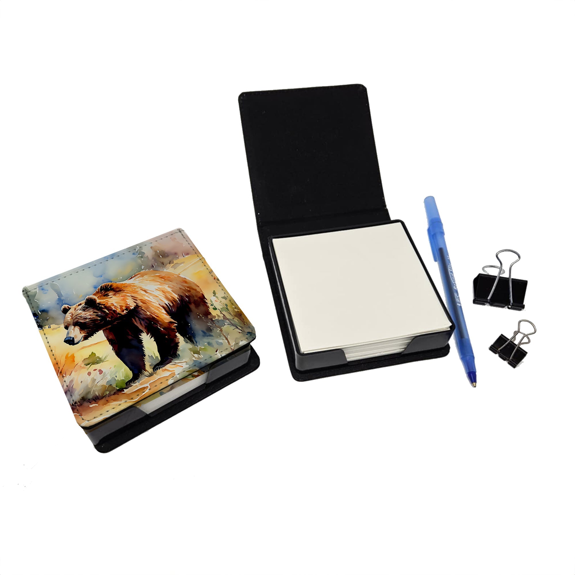 Grizzly Bear PU Leather Note Paper Holder with Artist-Designed Cover, Desk Accessory, Office Gift