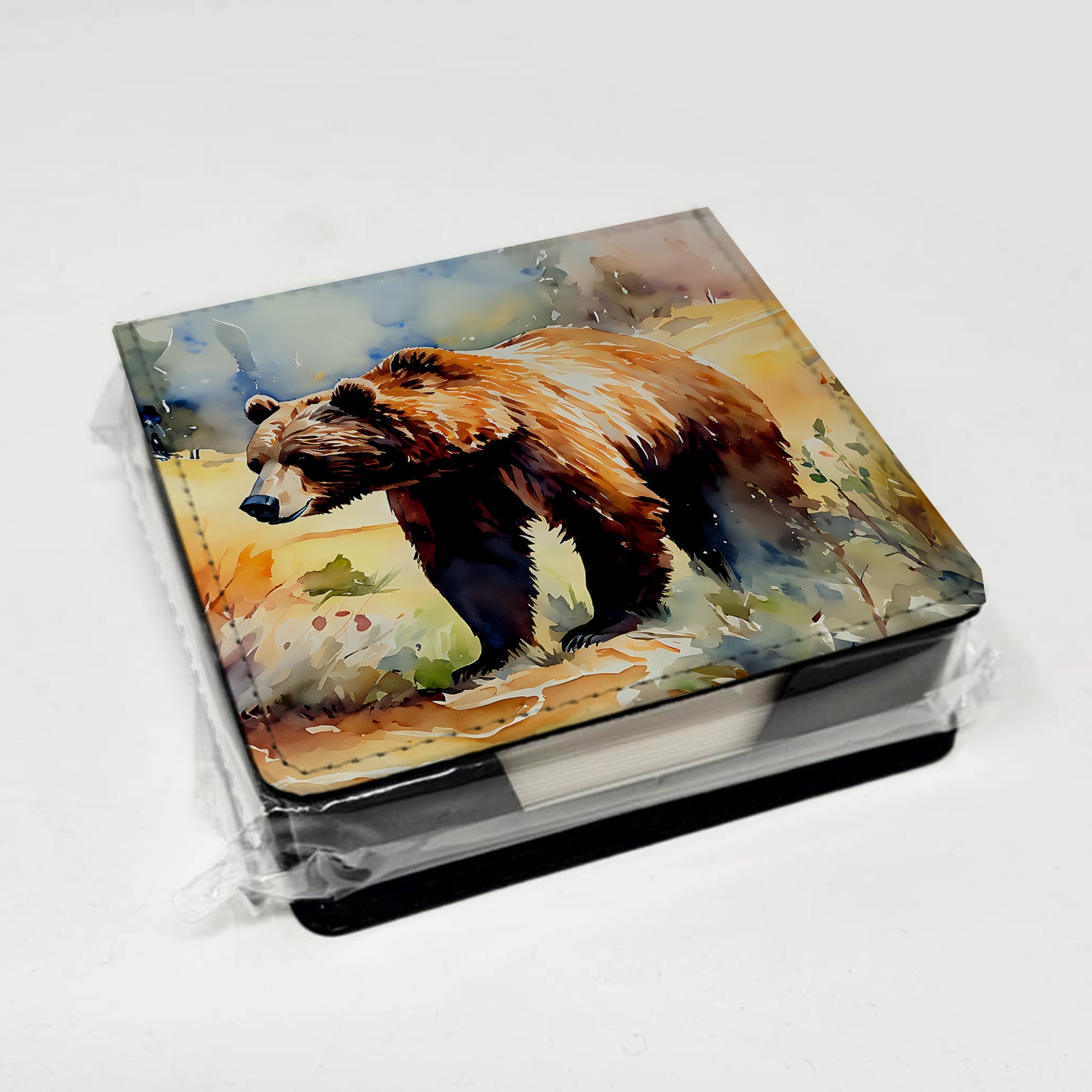 Grizzly Bear PU Leather Note Paper Holder with Artist-Designed Cover, Desk Accessory, Office Gift