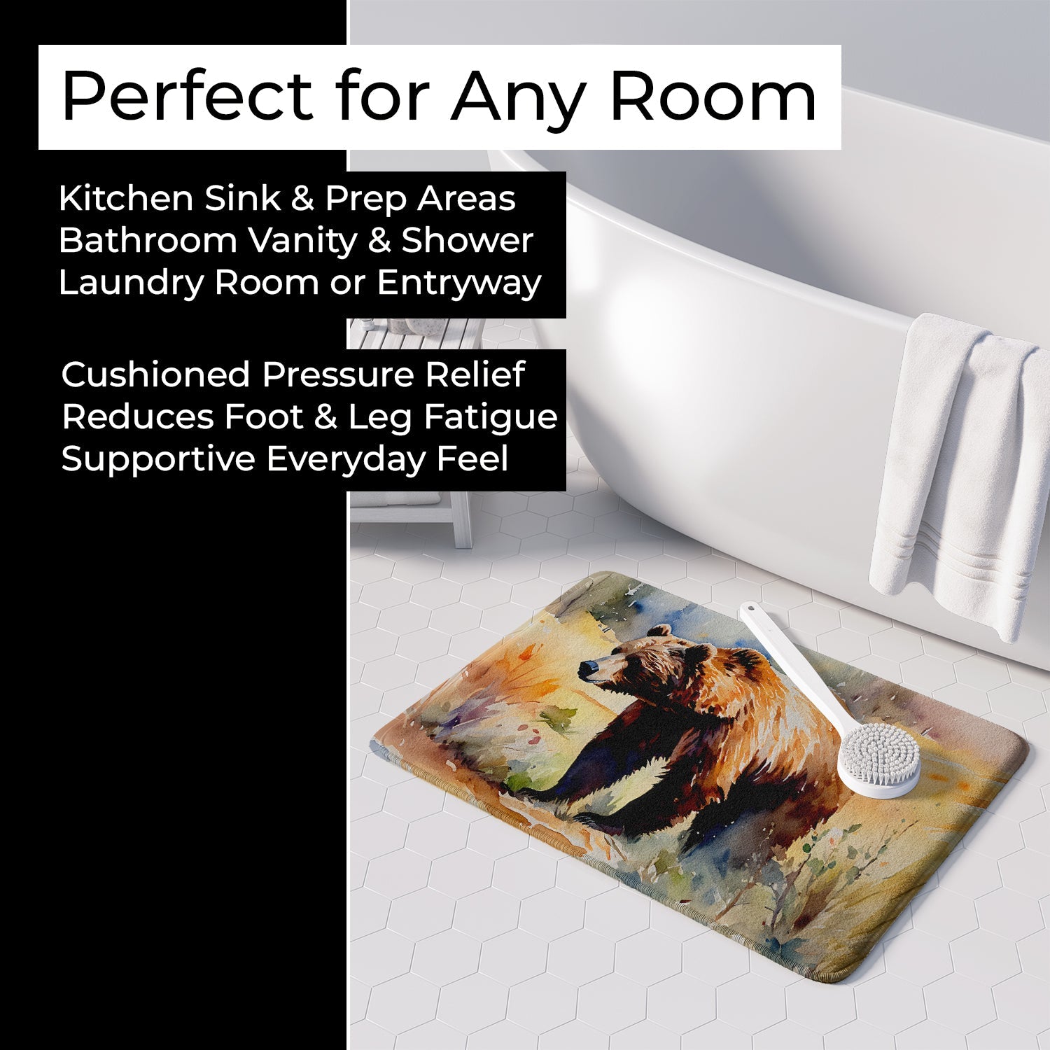 Grizzly Bear Memory Foam Kitchen Mat Machine Washable Anti-Fatigue Cushion Comfort Bath or Kitchen Rug