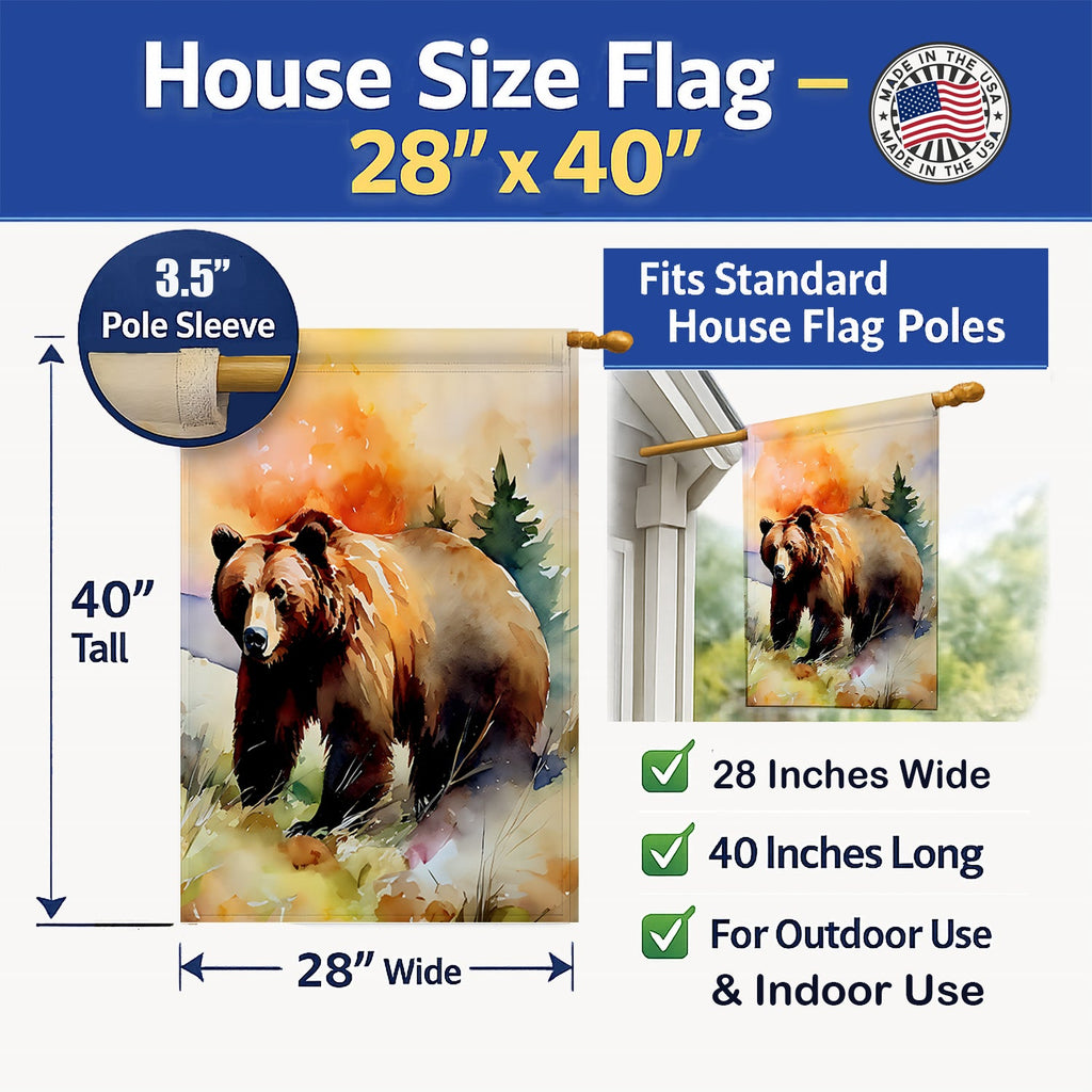 Grizzly Bear House Flag 28x40 Porch Sleeve Pole Decorative Outside Yard Banner Artwork Wall Hanging, Polyester