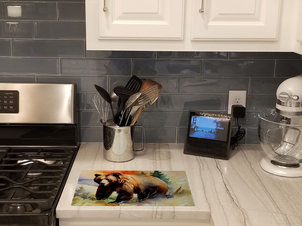 Grizzly Bear Cutting Board Tempered Glass Kitchen Cutting Surface, Heat Resistant Chopping, Non-Slip Feet, Food Prep & Serving