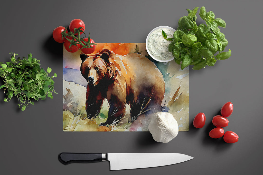 Grizzly Bear Cutting Board Tempered Glass Kitchen Cutting Surface, Heat Resistant Chopping, Non-Slip Feet, Food Prep & Serving