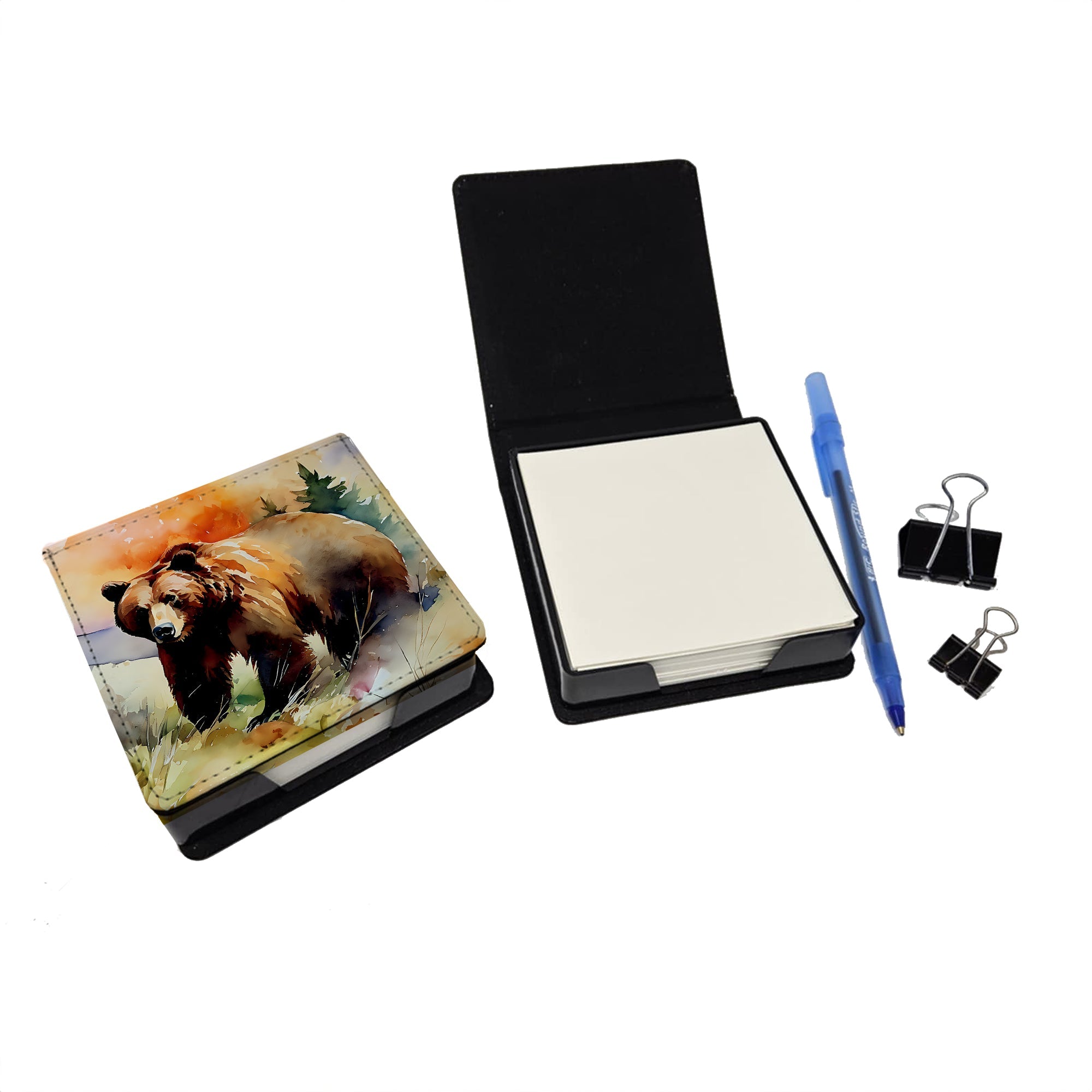 Grizzly Bear PU Leather Note Paper Holder with Artist-Designed Cover, Desk Accessory, Office Gift