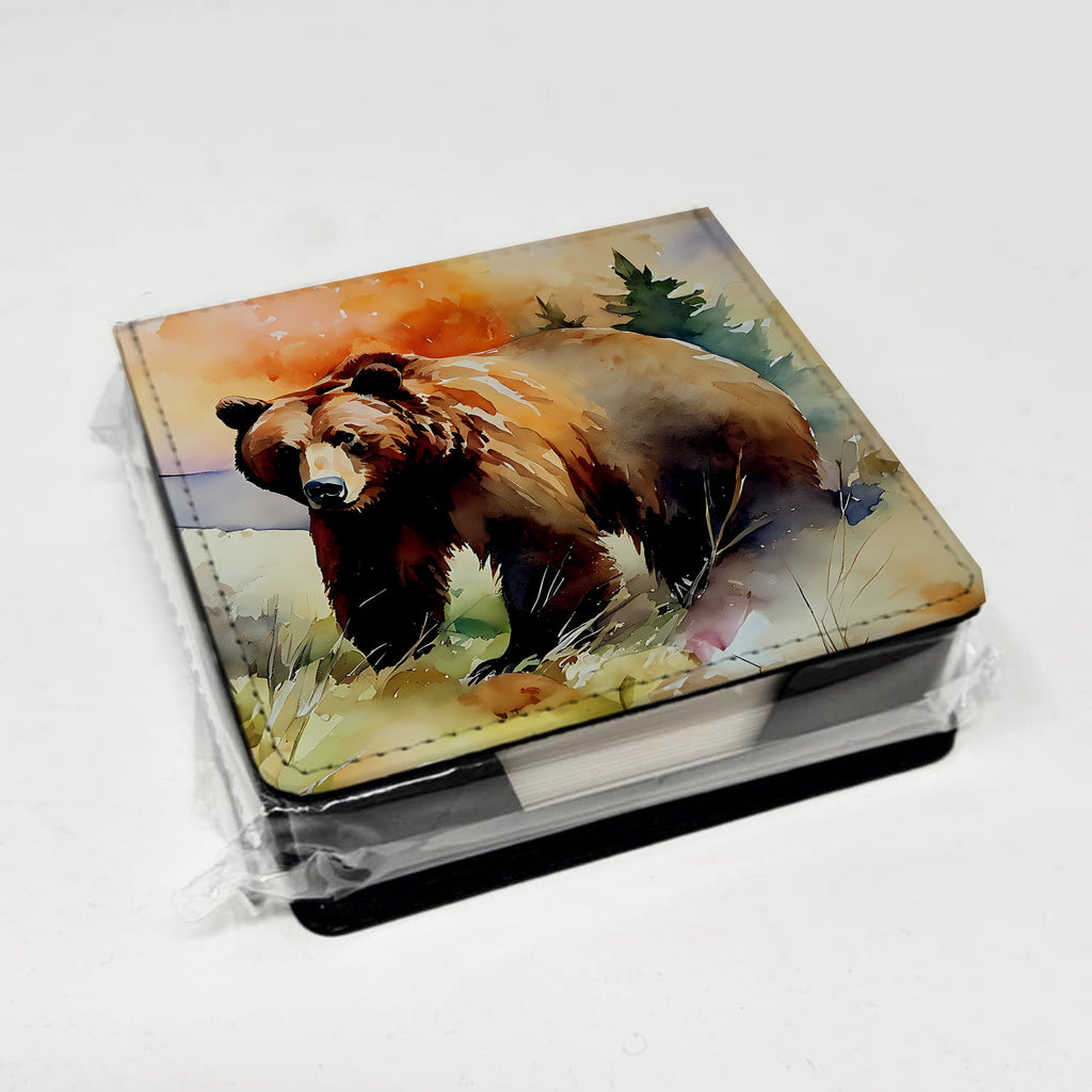 Grizzly Bear PU Leather Note Paper Holder with Artist-Designed Cover, Desk Accessory, Office Gift