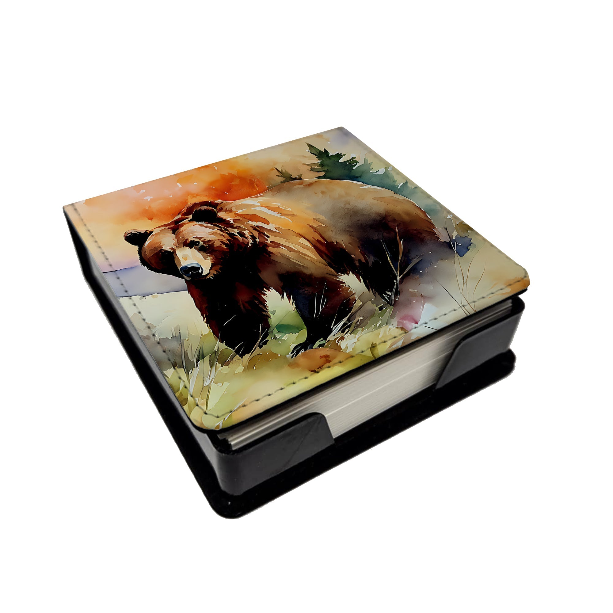 Grizzly Bear PU Leather Note Paper Holder with Artist-Designed Cover, Desk Accessory, Office Gift