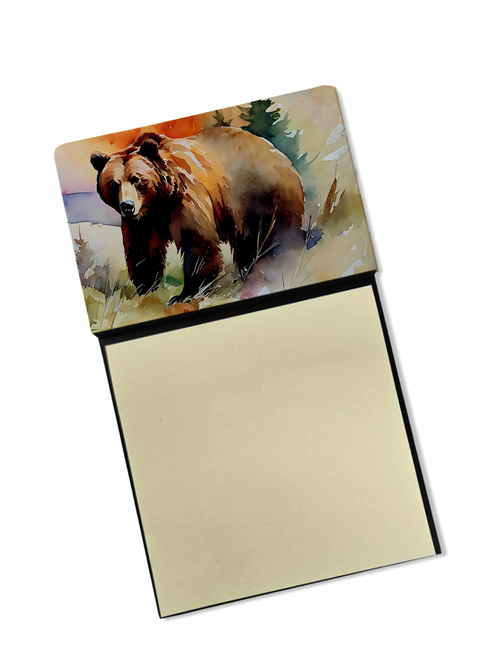 Grizzly Bear Watercolor Sticky Note Holder Refillable Dispenser Desk Accessory 3x3 Pad Gift