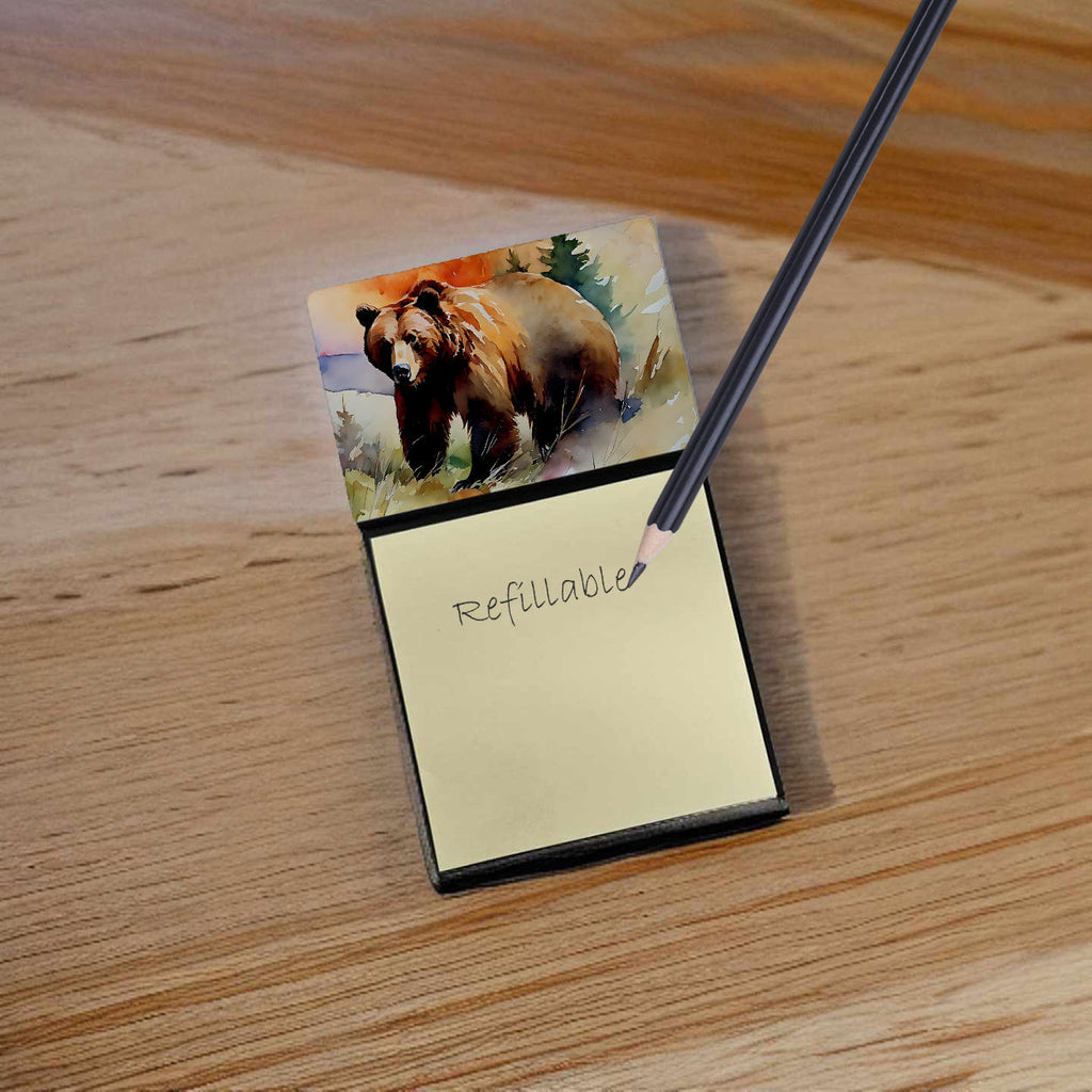 Grizzly Bear Watercolor Sticky Note Holder Refillable Dispenser Desk Accessory 3x3 Pad Gift