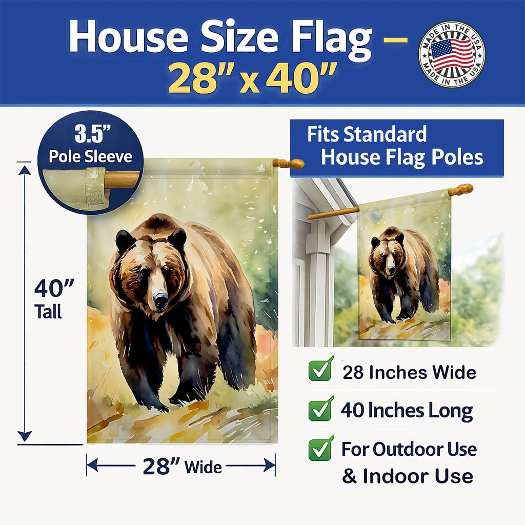 Grizzly Bear House Flag 28x40 Porch Sleeve Pole Decorative Outside Yard Banner Artwork Wall Hanging, Polyester