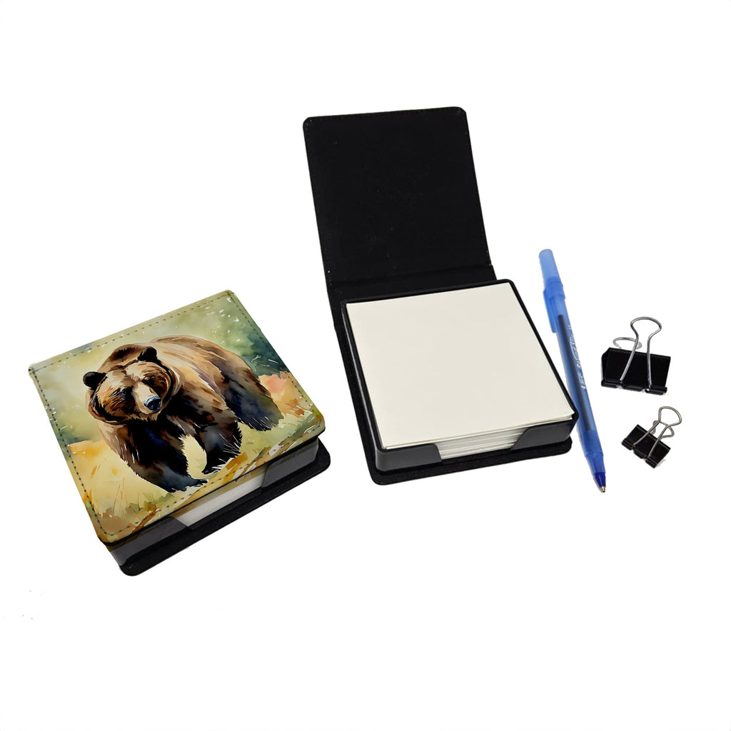 Grizzly Bear PU Leather Note Paper Holder with Artist-Designed Cover, Desk Accessory, Office Gift