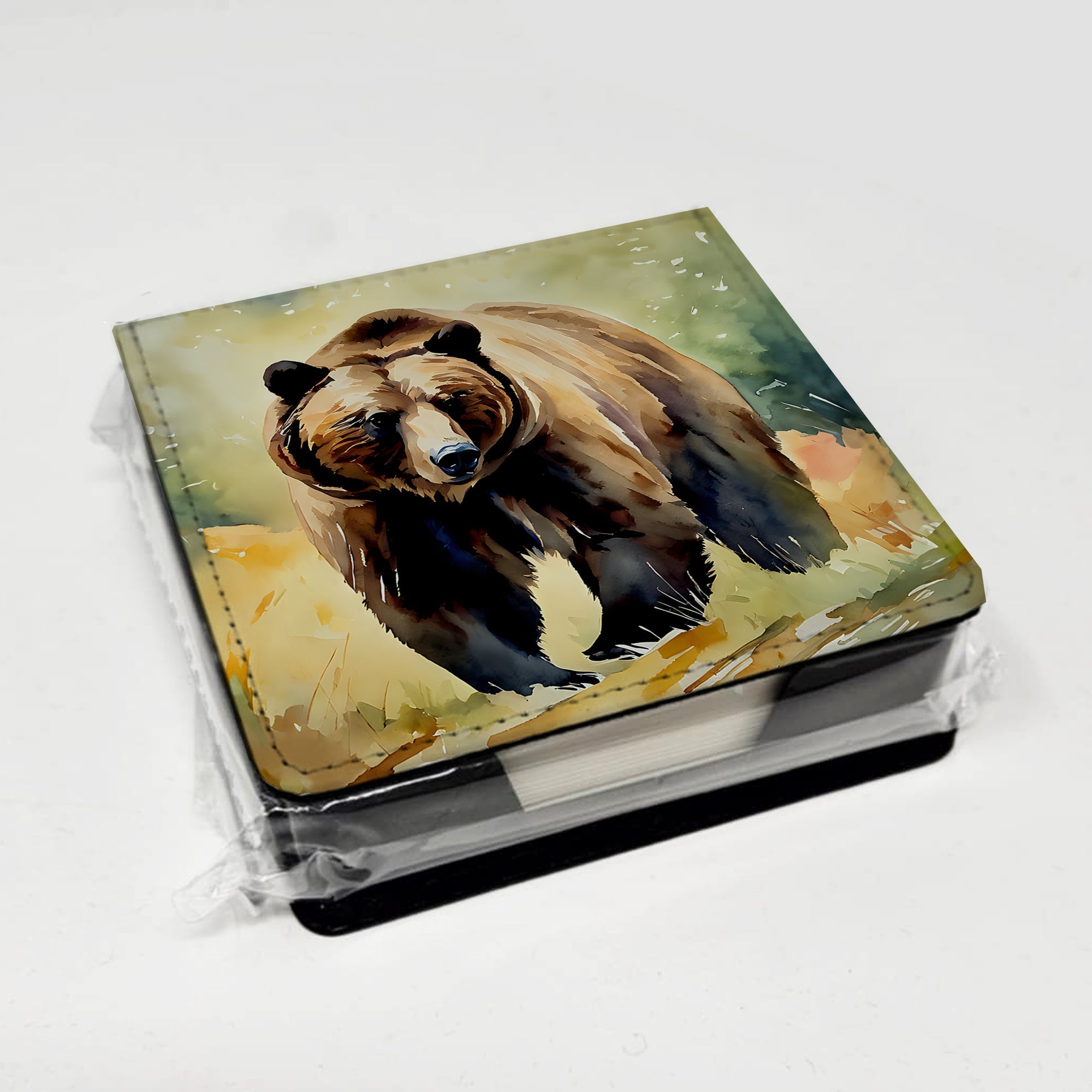 Grizzly Bear PU Leather Note Paper Holder with Artist-Designed Cover, Desk Accessory, Office Gift