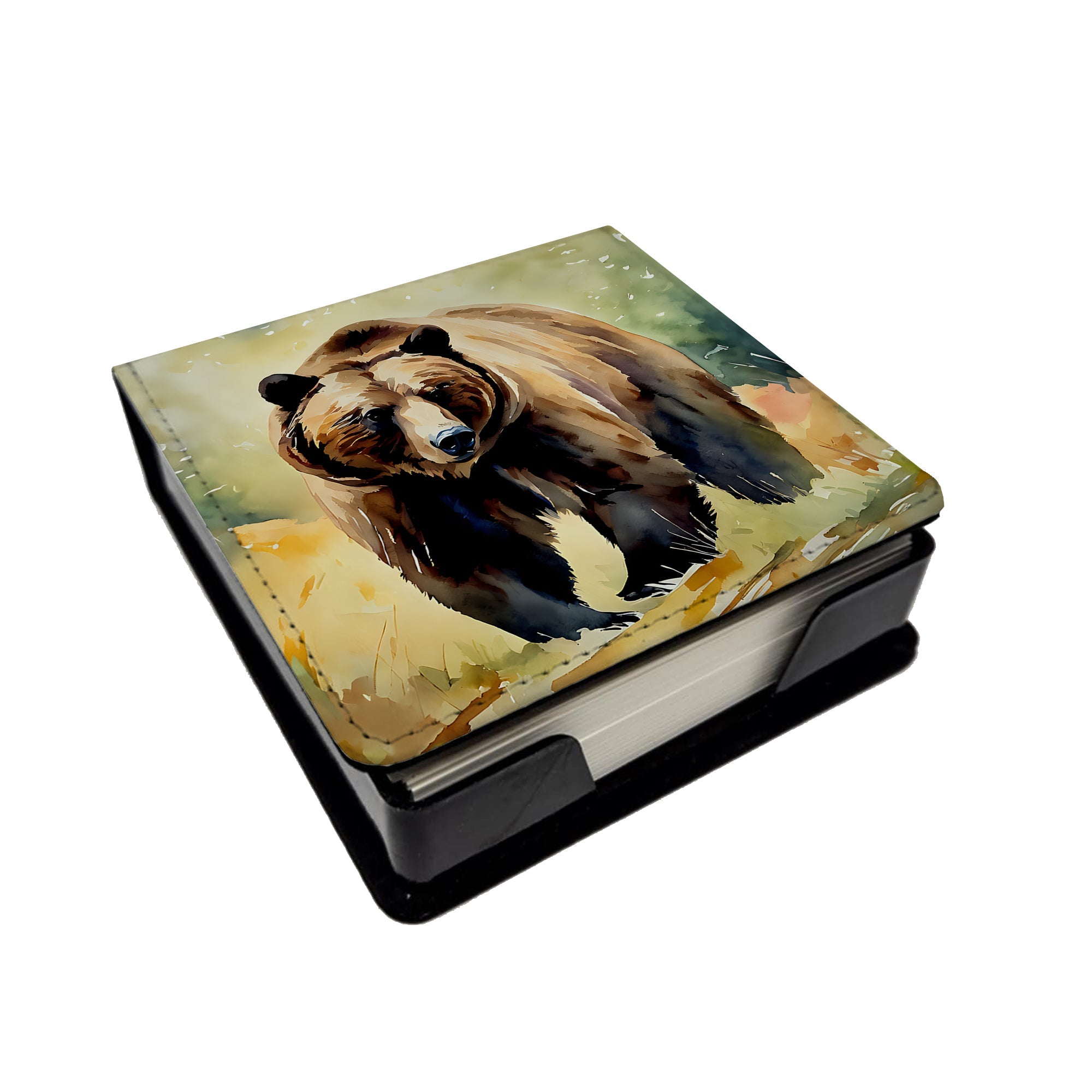 Grizzly Bear PU Leather Note Paper Holder with Artist-Designed Cover, Desk Accessory, Office Gift