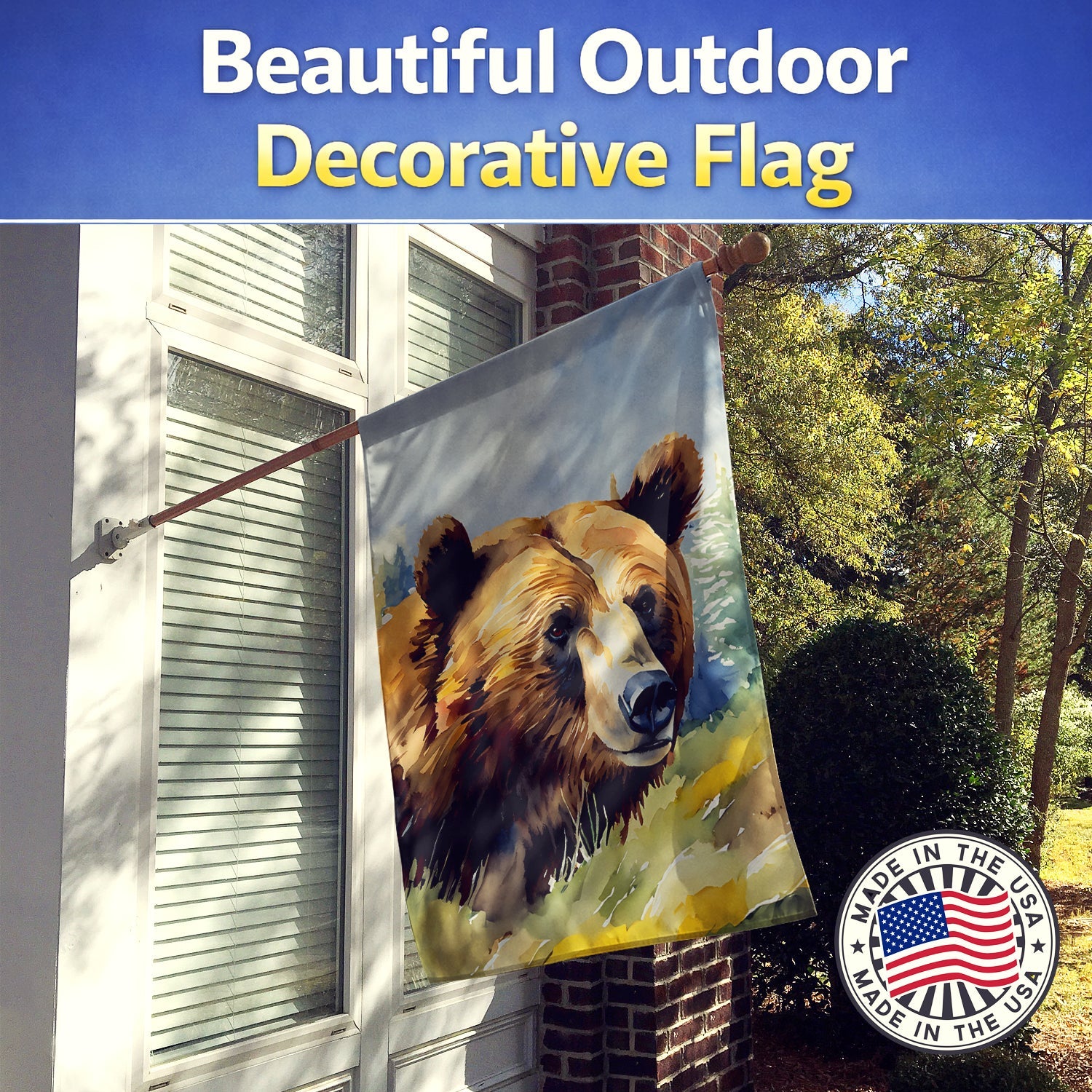 Grizzly Bear House Flag 28x40 Porch Sleeve Pole Decorative Outside Yard Banner Artwork Wall Hanging, Polyester