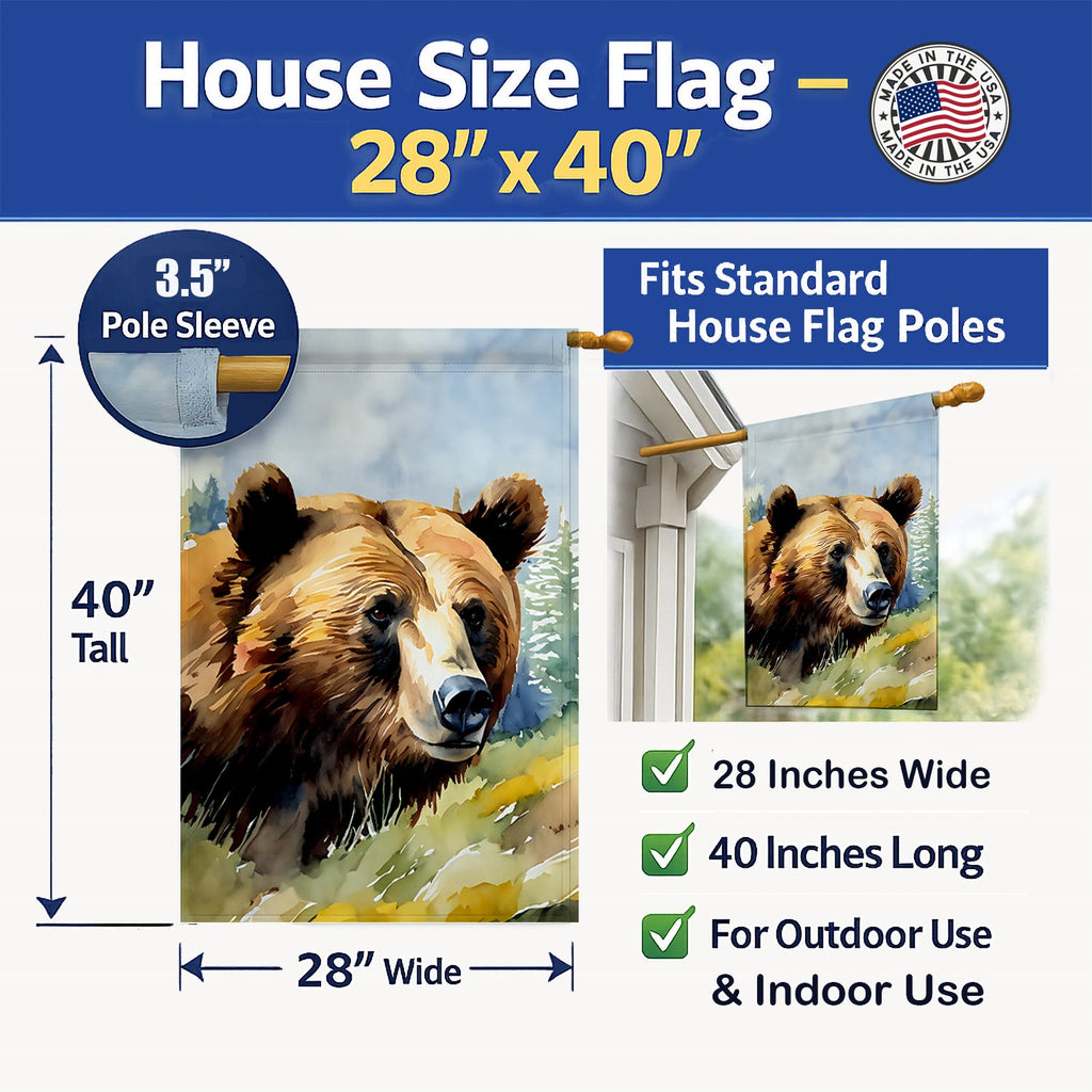 Grizzly Bear House Flag 28x40 Porch Sleeve Pole Decorative Outside Yard Banner Artwork Wall Hanging, Polyester