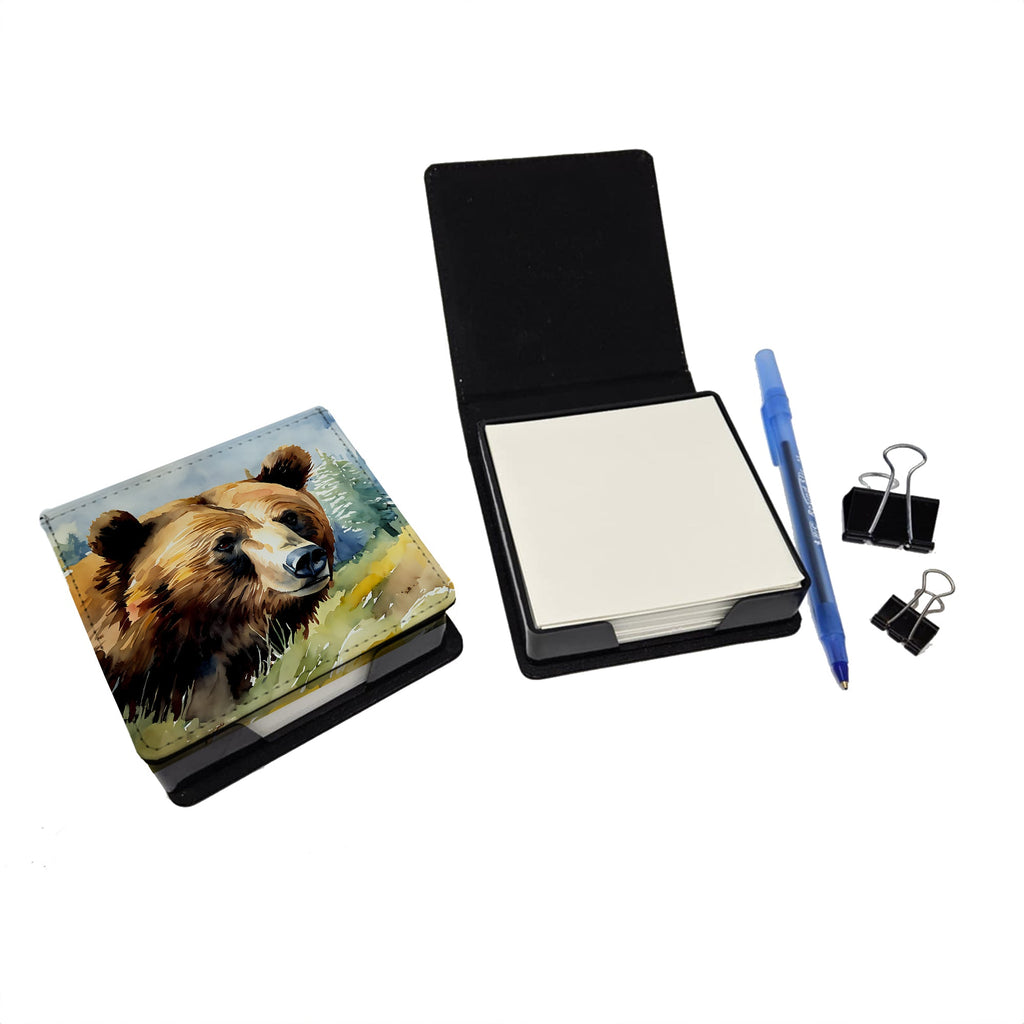 Grizzly Bear PU Leather Note Paper Holder with Artist-Designed Cover, Desk Accessory, Office Gift