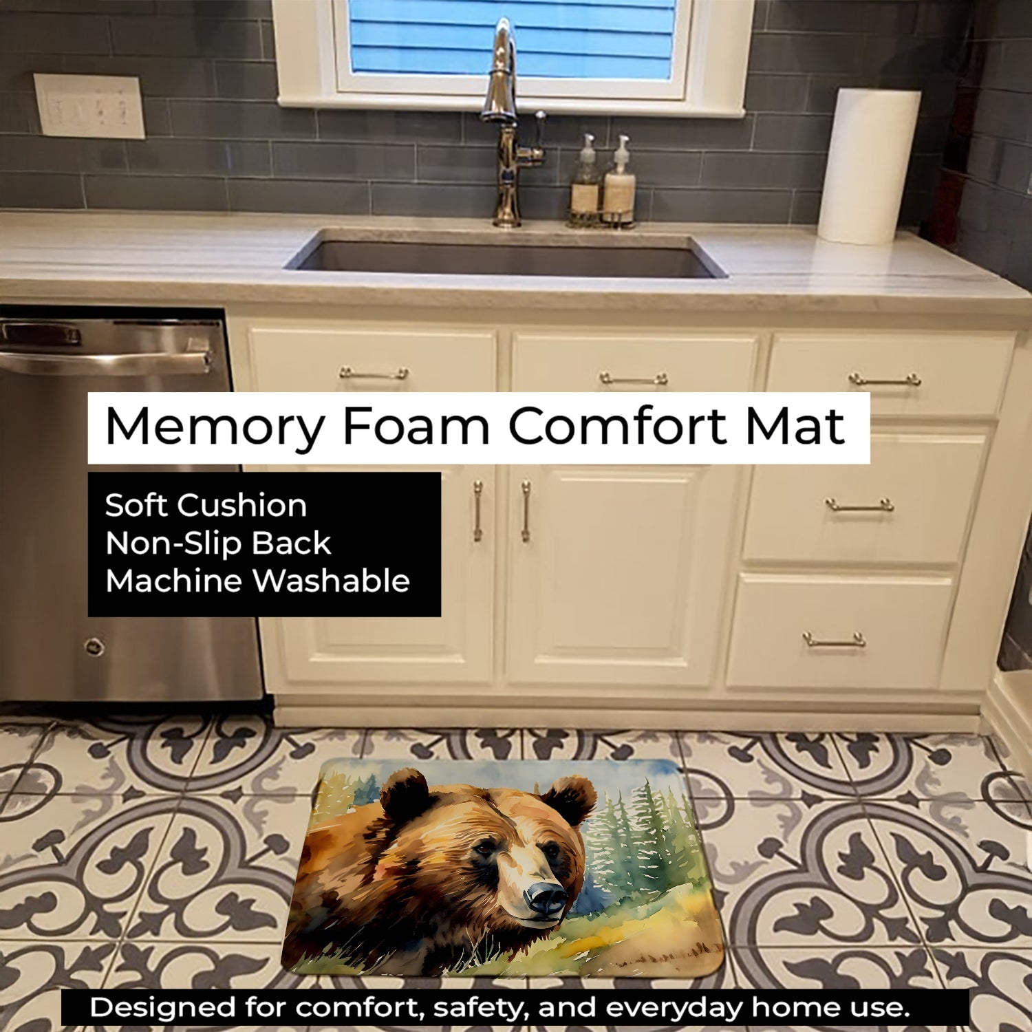 Grizzly Bear Memory Foam Kitchen Mat Machine Washable Anti-Fatigue Cushion Comfort Bath or Kitchen Rug