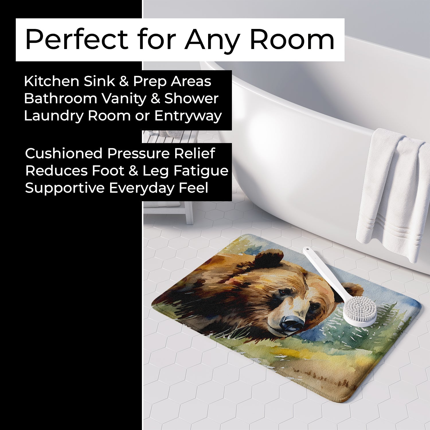 Grizzly Bear Memory Foam Kitchen Mat Machine Washable Anti-Fatigue Cushion Comfort Bath or Kitchen Rug