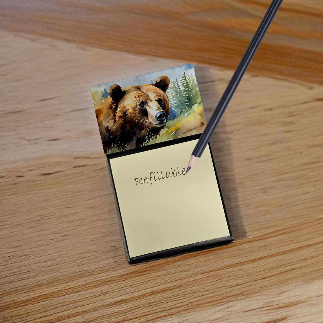 Grizzly Bear Watercolor Sticky Note Holder Refillable Dispenser Desk Accessory 3x3 Pad Gift