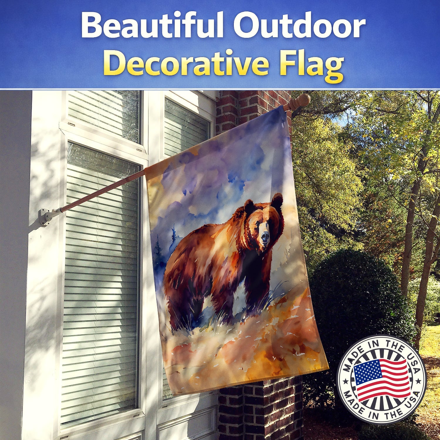 Grizzly Bear House Flag 28x40 Porch Sleeve Pole Decorative Outside Yard Banner Artwork Wall Hanging, Polyester