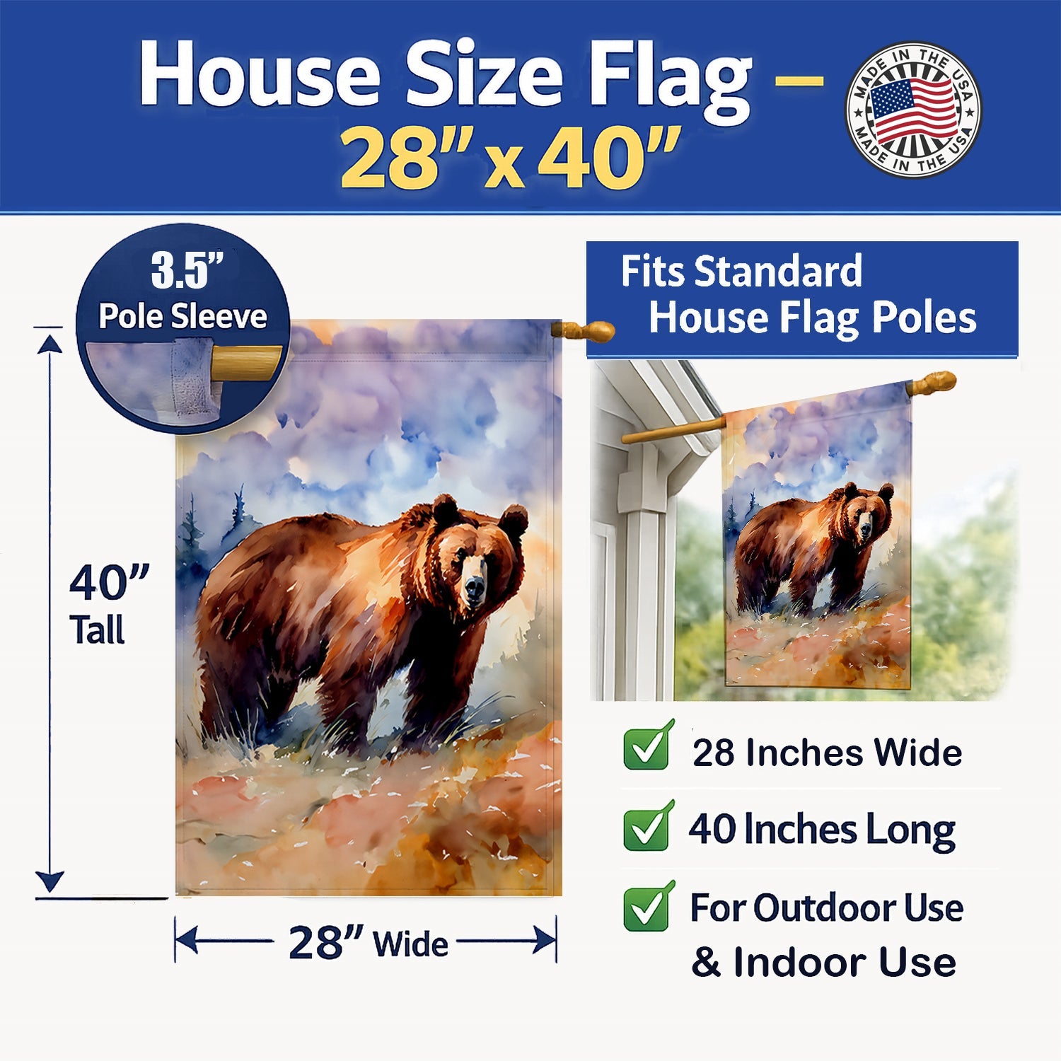 Grizzly Bear House Flag 28x40 Porch Sleeve Pole Decorative Outside Yard Banner Artwork Wall Hanging, Polyester