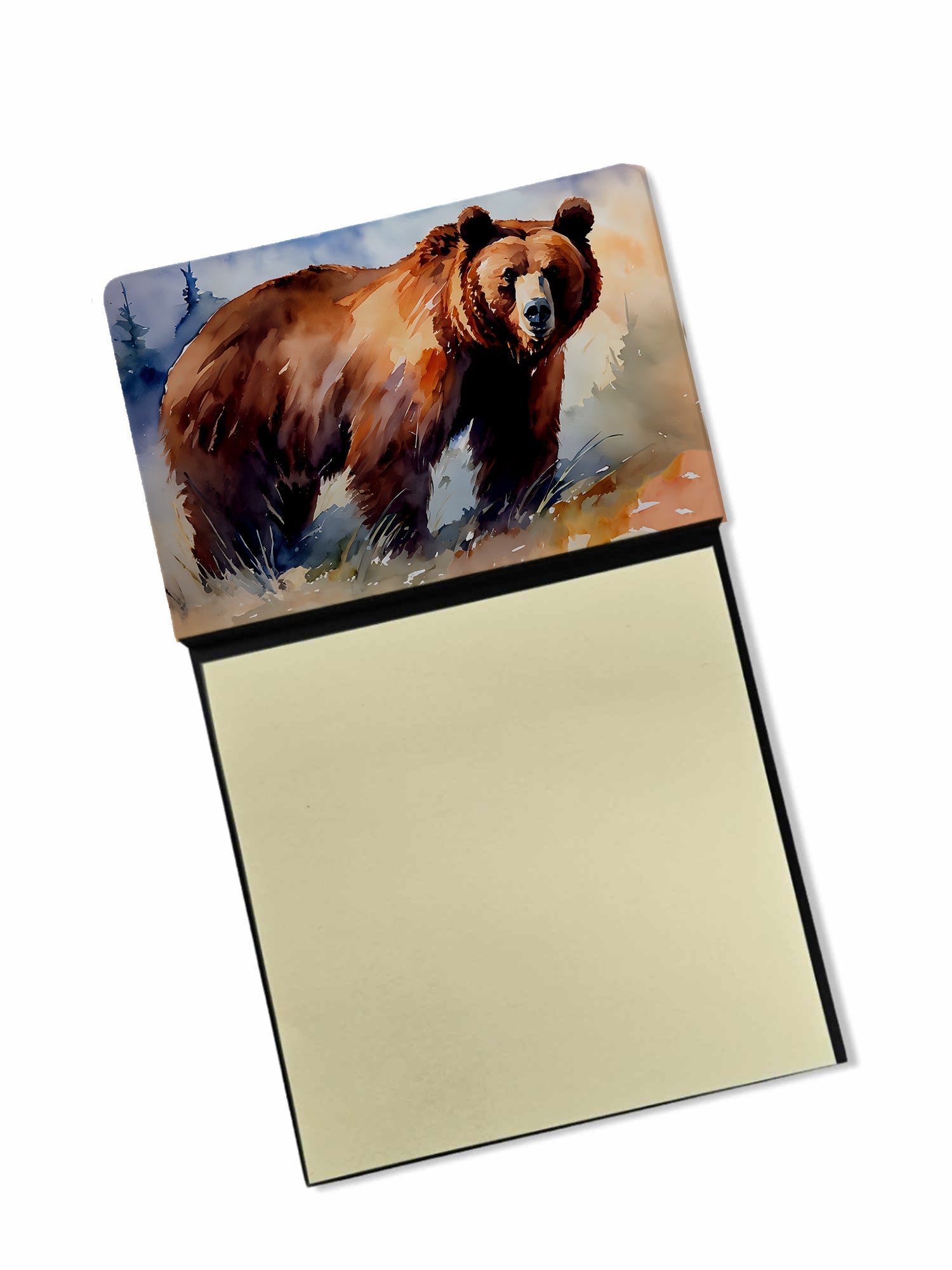 Grizzly Bear Watercolor Sticky Note Holder Refillable Dispenser Desk Accessory 3x3 Pad Gift