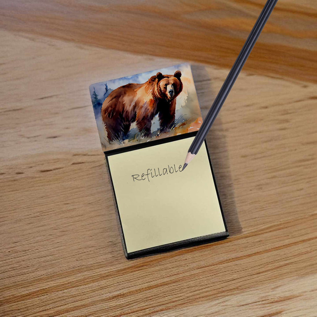 Grizzly Bear Watercolor Sticky Note Holder Refillable Dispenser Desk Accessory 3x3 Pad Gift