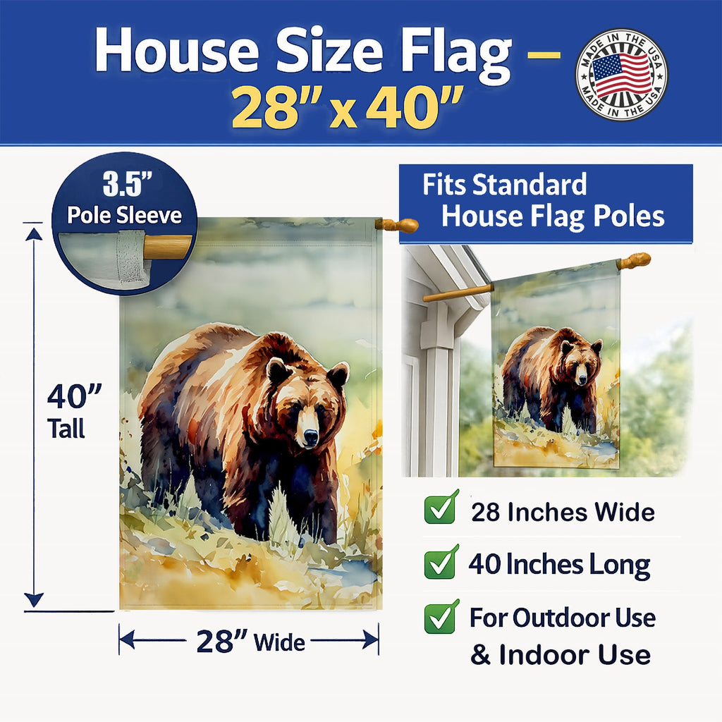Grizzly Bear House Flag 28x40 Porch Sleeve Pole Decorative Outside Yard Banner Artwork Wall Hanging, Polyester