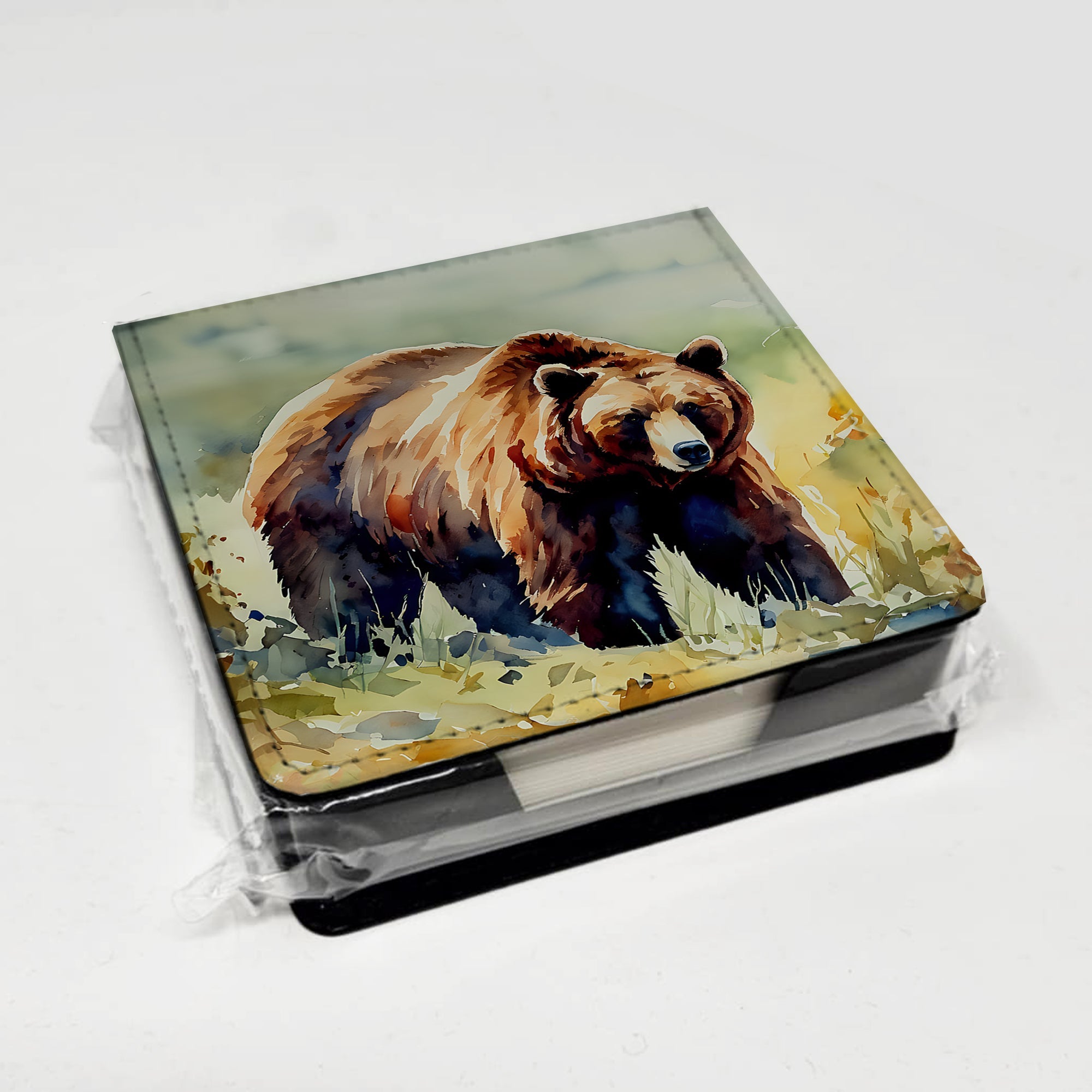 Grizzly Bear PU Leather Note Paper Holder with Artist-Designed Cover, Desk Accessory, Office Gift