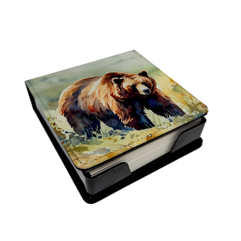 Grizzly Bear PU Leather Note Paper Holder with Artist-Designed Cover, Desk Accessory, Office Gift