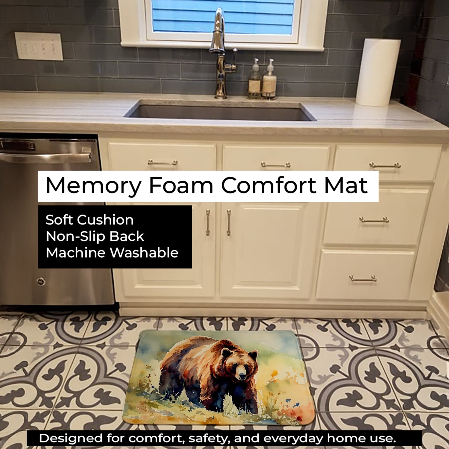 Grizzly Bear Memory Foam Kitchen Mat Machine Washable Anti-Fatigue Cushion Comfort Bath or Kitchen Rug