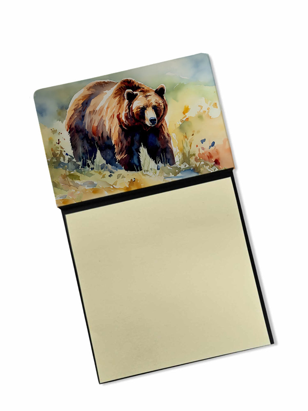 Grizzly Bear Watercolor Sticky Note Holder Refillable Dispenser Desk Accessory 3x3 Pad Gift