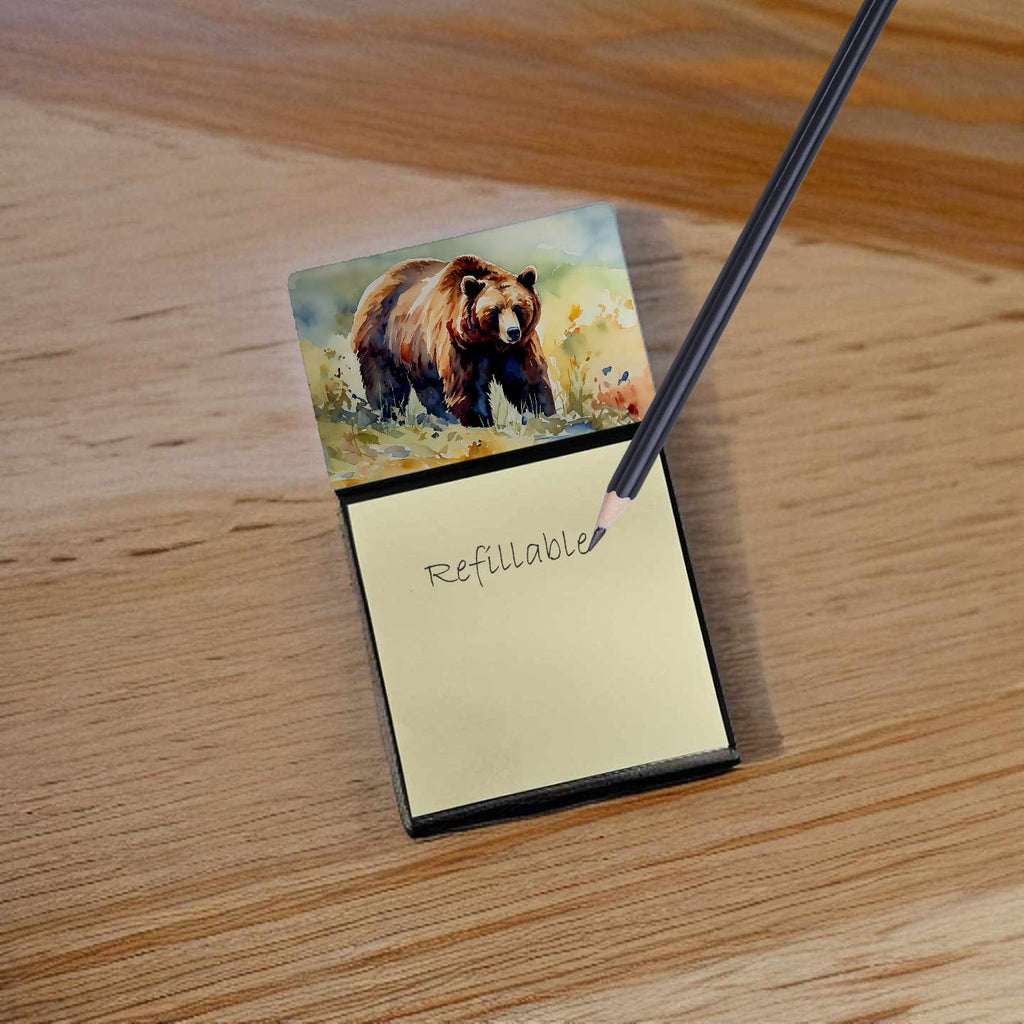 Grizzly Bear Watercolor Sticky Note Holder Refillable Dispenser Desk Accessory 3x3 Pad Gift