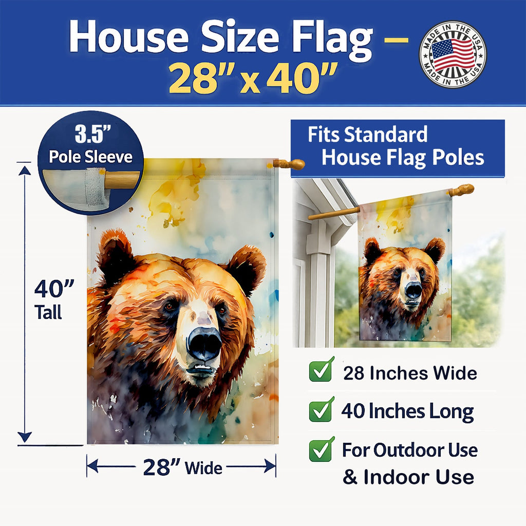 Grizzly Bear House Flag 28x40 Porch Sleeve Pole Decorative Outside Yard Banner Artwork Wall Hanging, Polyester