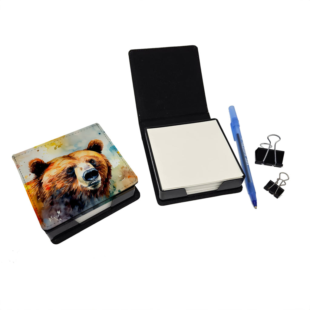 Grizzly Bear PU Leather Note Paper Holder with Artist-Designed Cover, Desk Accessory, Office Gift