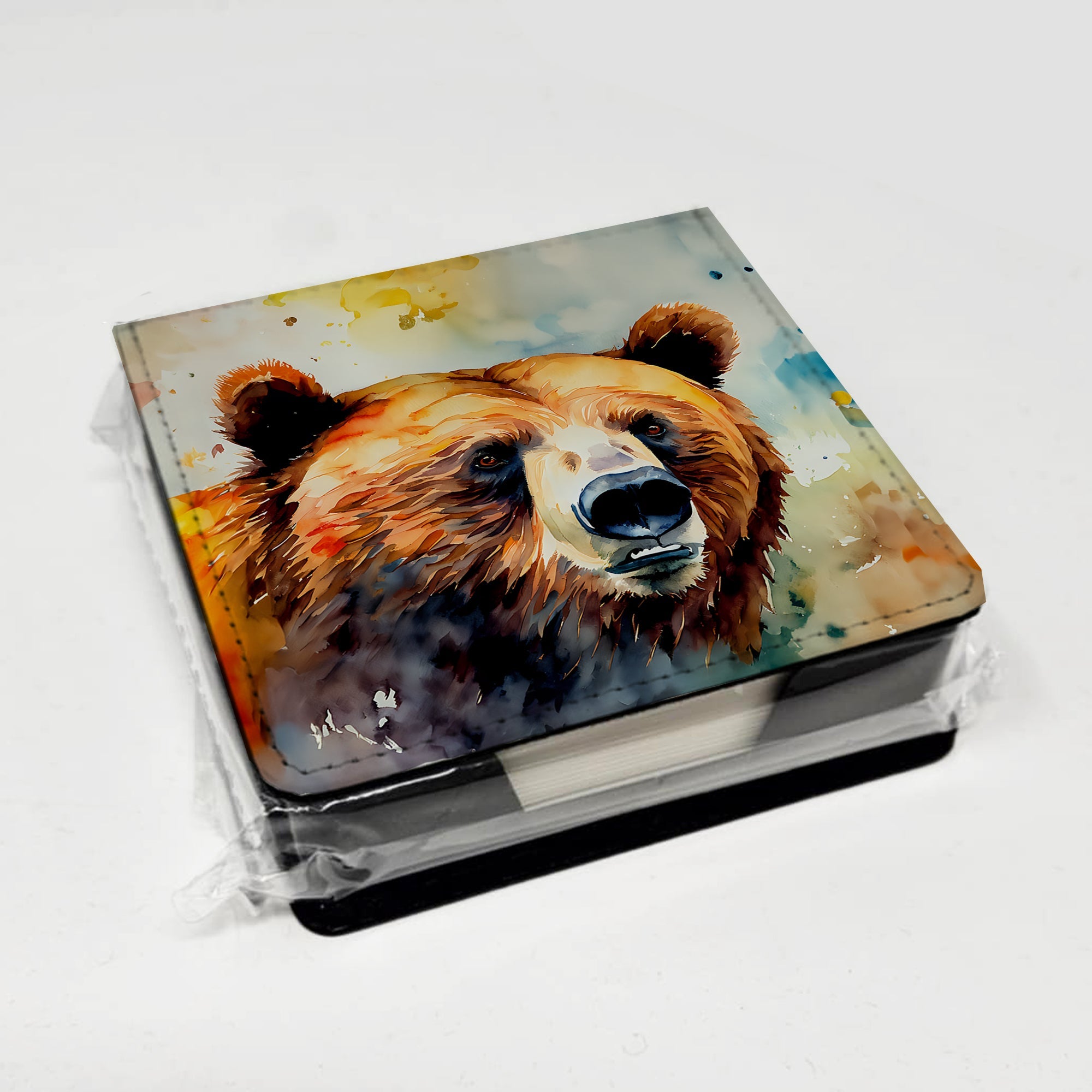 Grizzly Bear PU Leather Note Paper Holder with Artist-Designed Cover, Desk Accessory, Office Gift