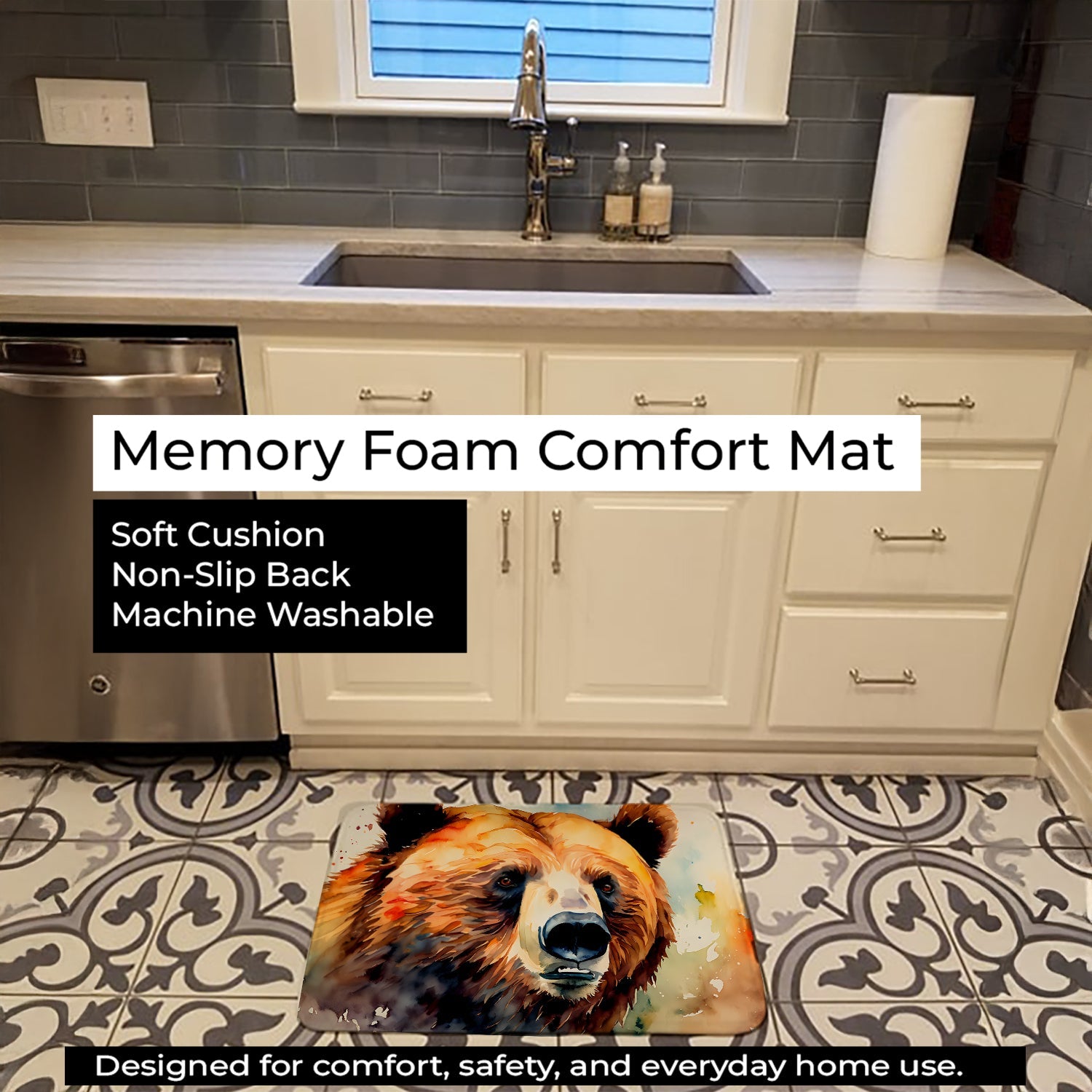 Grizzly Bear Memory Foam Kitchen Mat Machine Washable Anti-Fatigue Cushion Comfort Bath or Kitchen Rug