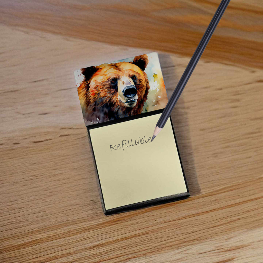 Grizzly Bear Watercolor Sticky Note Holder Refillable Dispenser Desk Accessory 3x3 Pad Gift