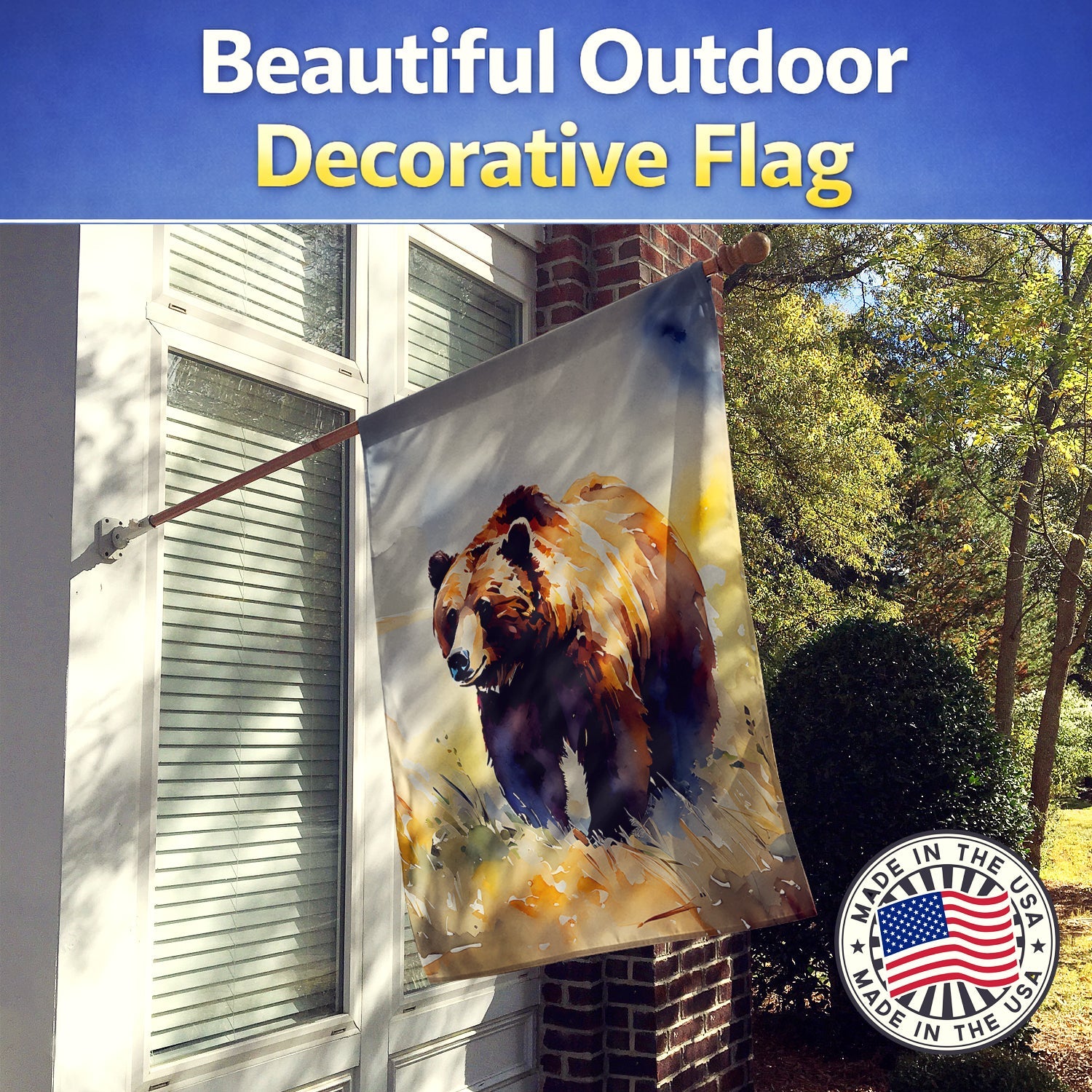 Grizzly Bear House Flag 28x40 Porch Sleeve Pole Decorative Outside Yard Banner Artwork Wall Hanging, Polyester