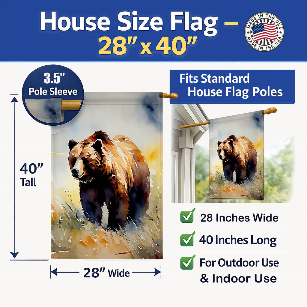 Grizzly Bear House Flag 28x40 Porch Sleeve Pole Decorative Outside Yard Banner Artwork Wall Hanging, Polyester