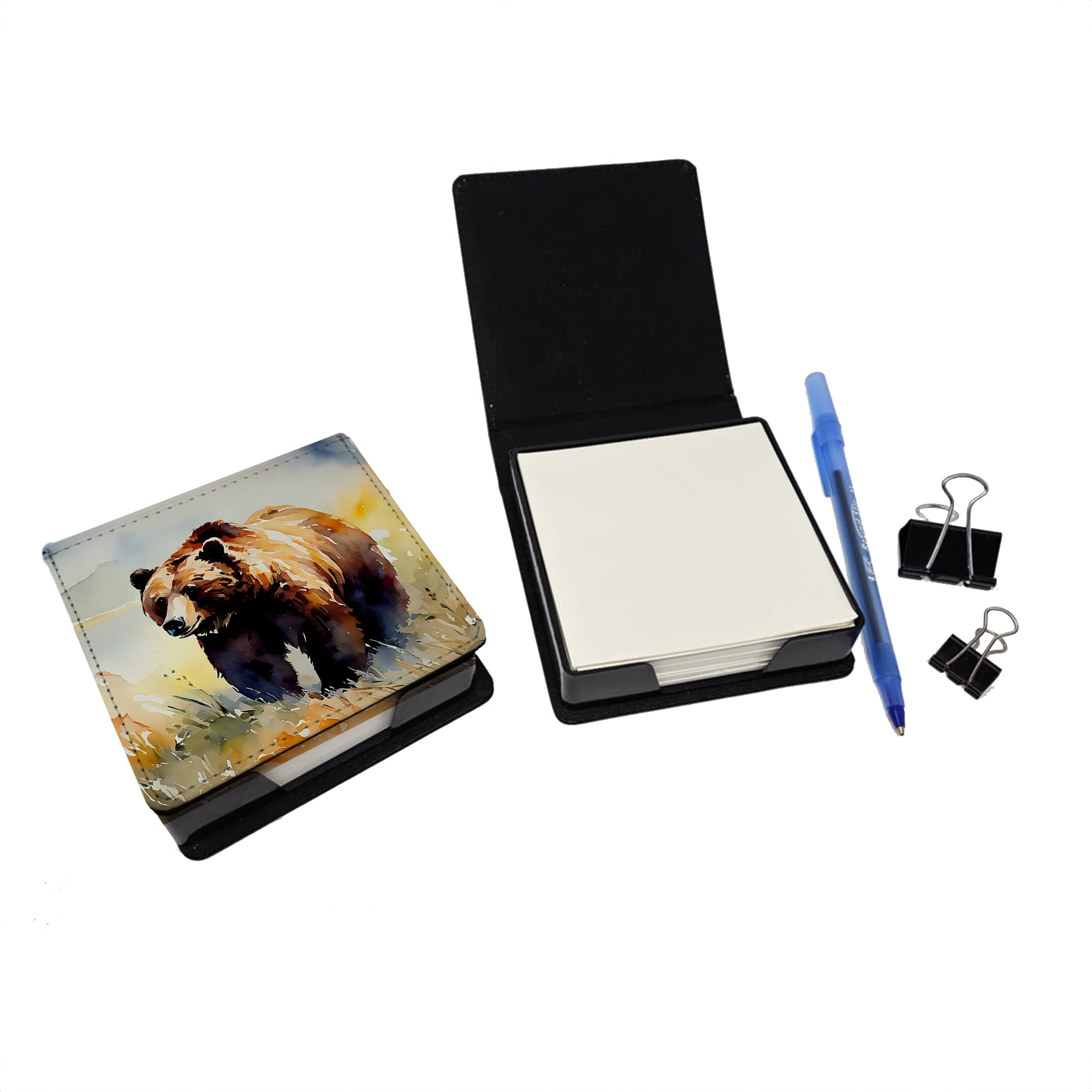 Grizzly Bear PU Leather Note Paper Holder with Artist-Designed Cover, Desk Accessory, Office Gift