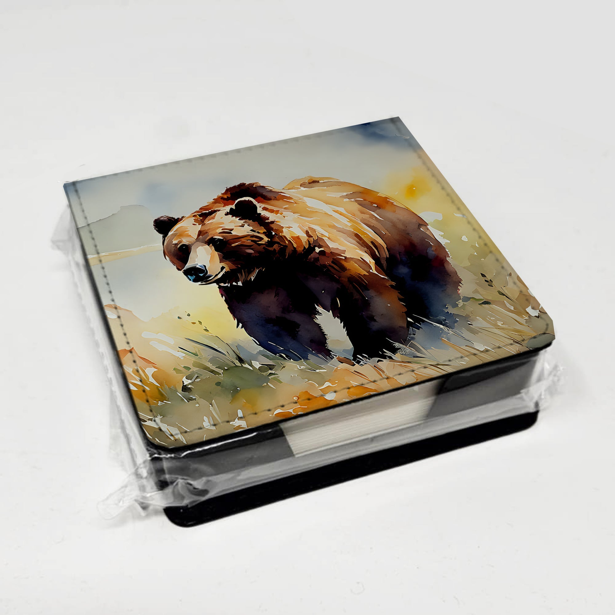 Grizzly Bear PU Leather Note Paper Holder with Artist-Designed Cover, Desk Accessory, Office Gift