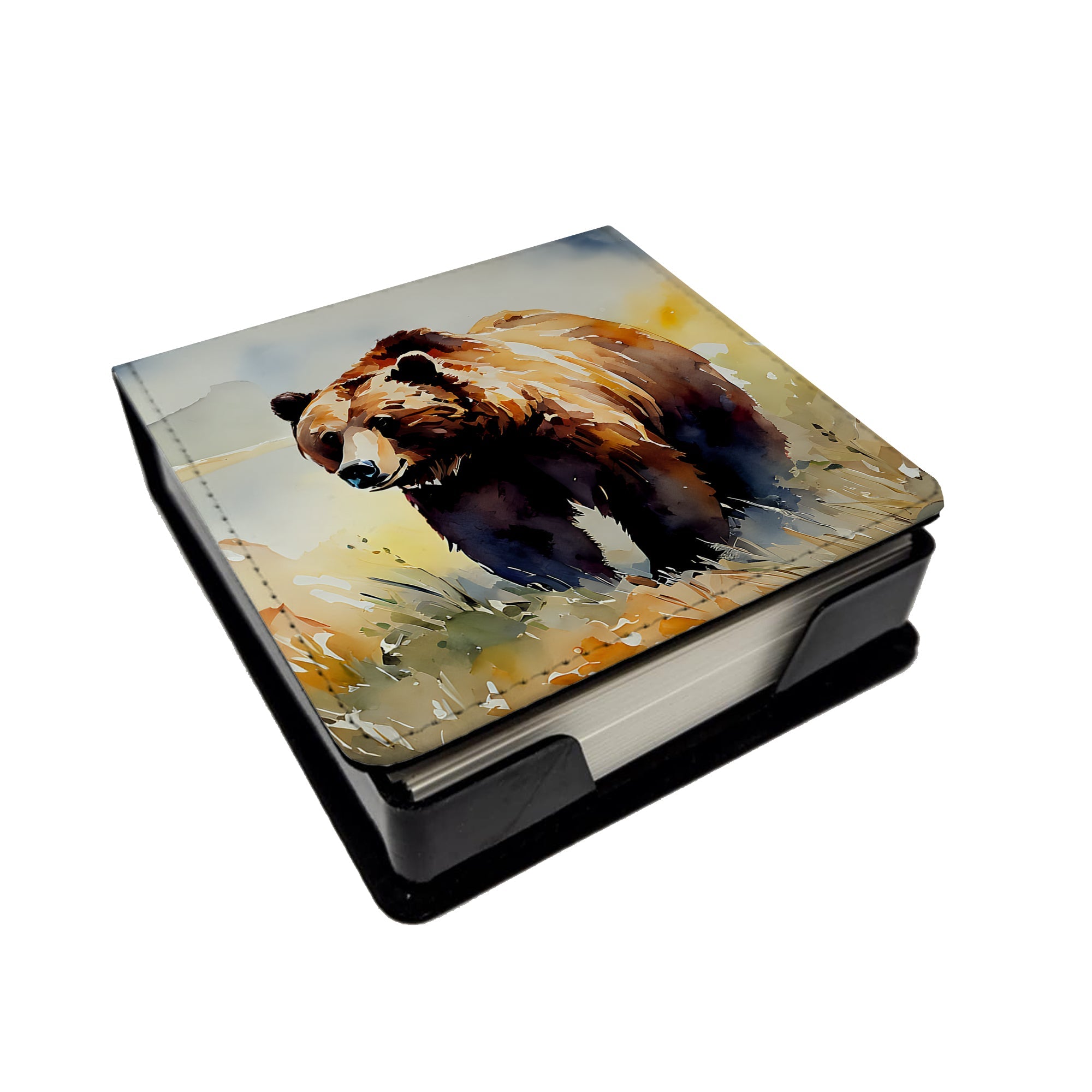 Grizzly Bear PU Leather Note Paper Holder with Artist-Designed Cover, Desk Accessory, Office Gift