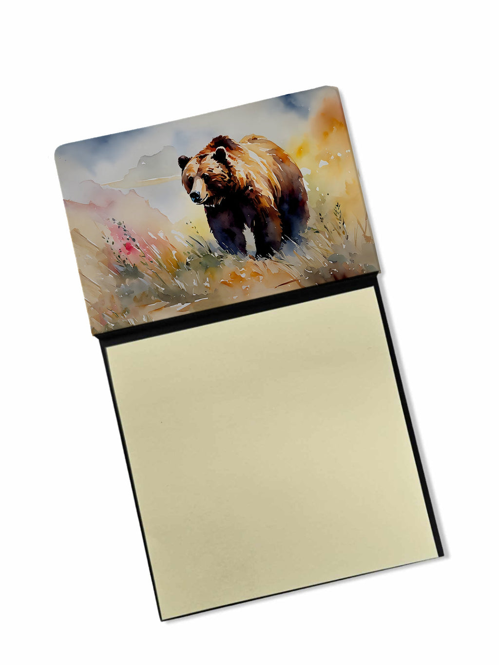 Grizzly Bear Watercolor Sticky Note Holder Refillable Dispenser Desk Accessory 3x3 Pad Gift