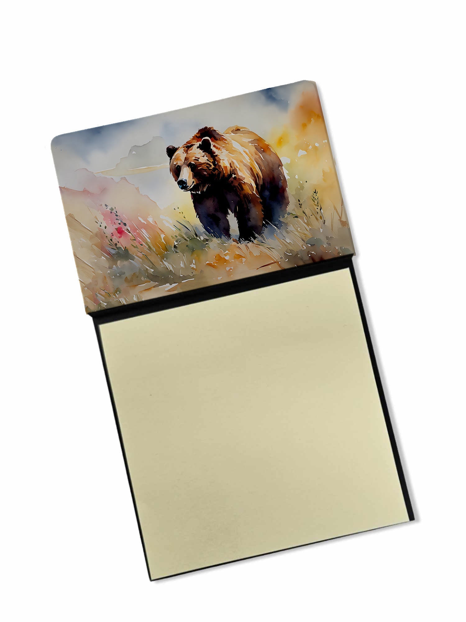 Grizzly Bear Watercolor Sticky Note Holder Refillable Dispenser Desk Accessory 3x3 Pad Gift