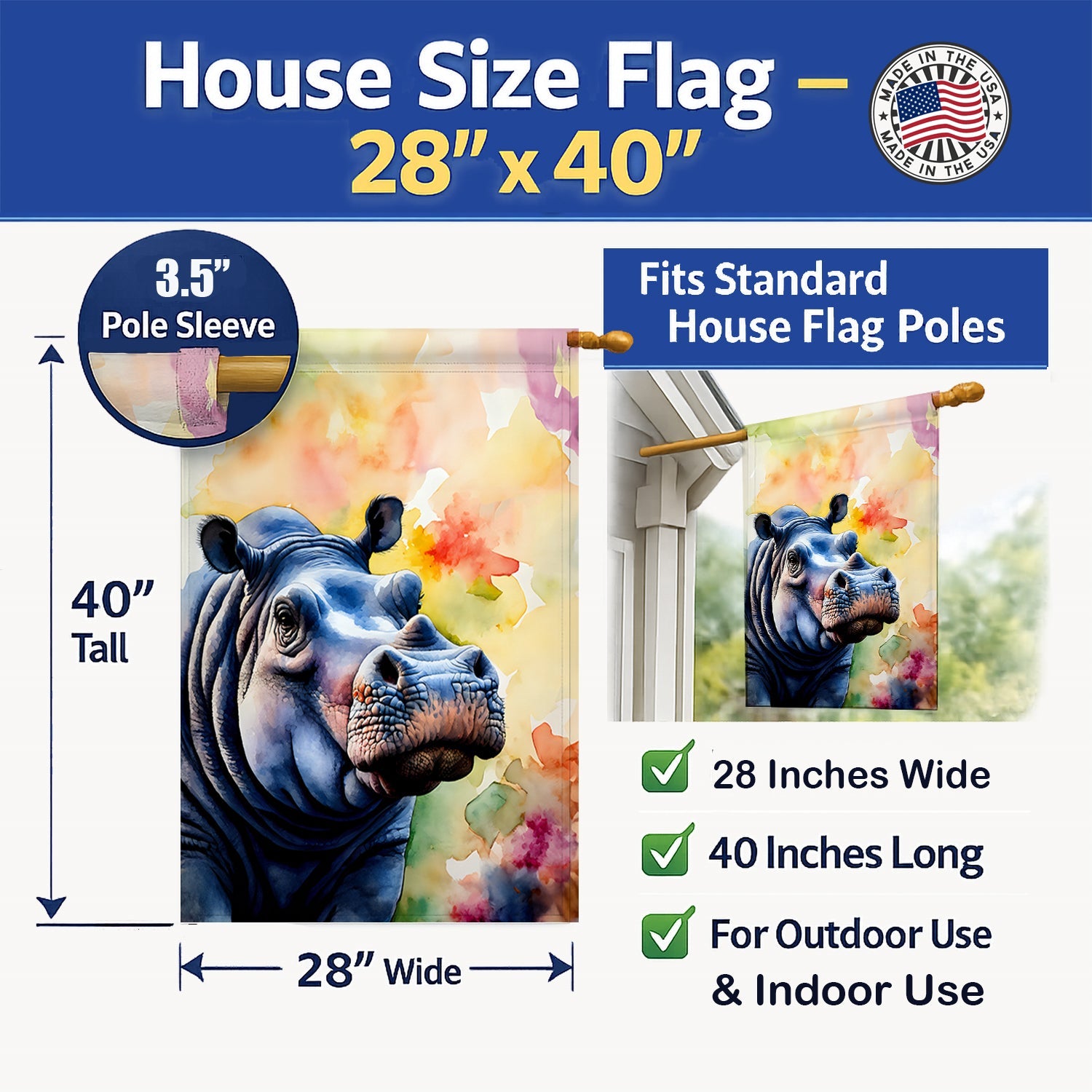 Hippopotamus House Flag 28x40 Porch Sleeve Pole Decorative Outside Yard Banner Artwork Wall Hanging, Polyester