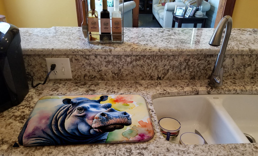 Hippopotamus Dish Drying Mat Absorbent Dish Drying Mat Pad for Kitchen Counter Dish Drainer Mat for Countertop, 14 x 21", Multicolor
