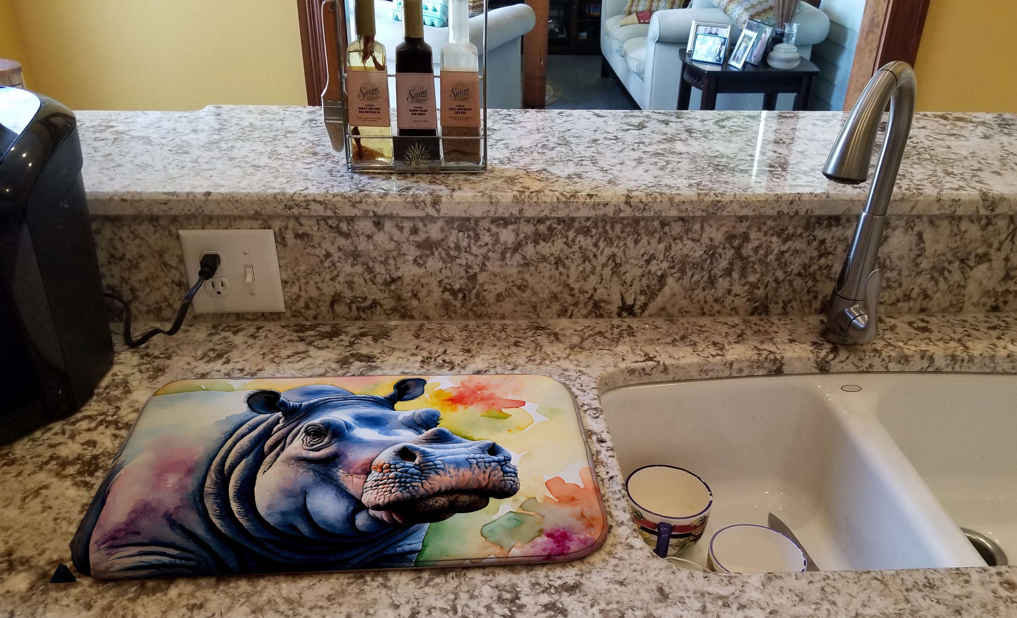 Hippopotamus Dish Drying Mat Absorbent Dish Drying Mat Pad for Kitchen Counter Dish Drainer Mat for Countertop, 14 x 21", Multicolor