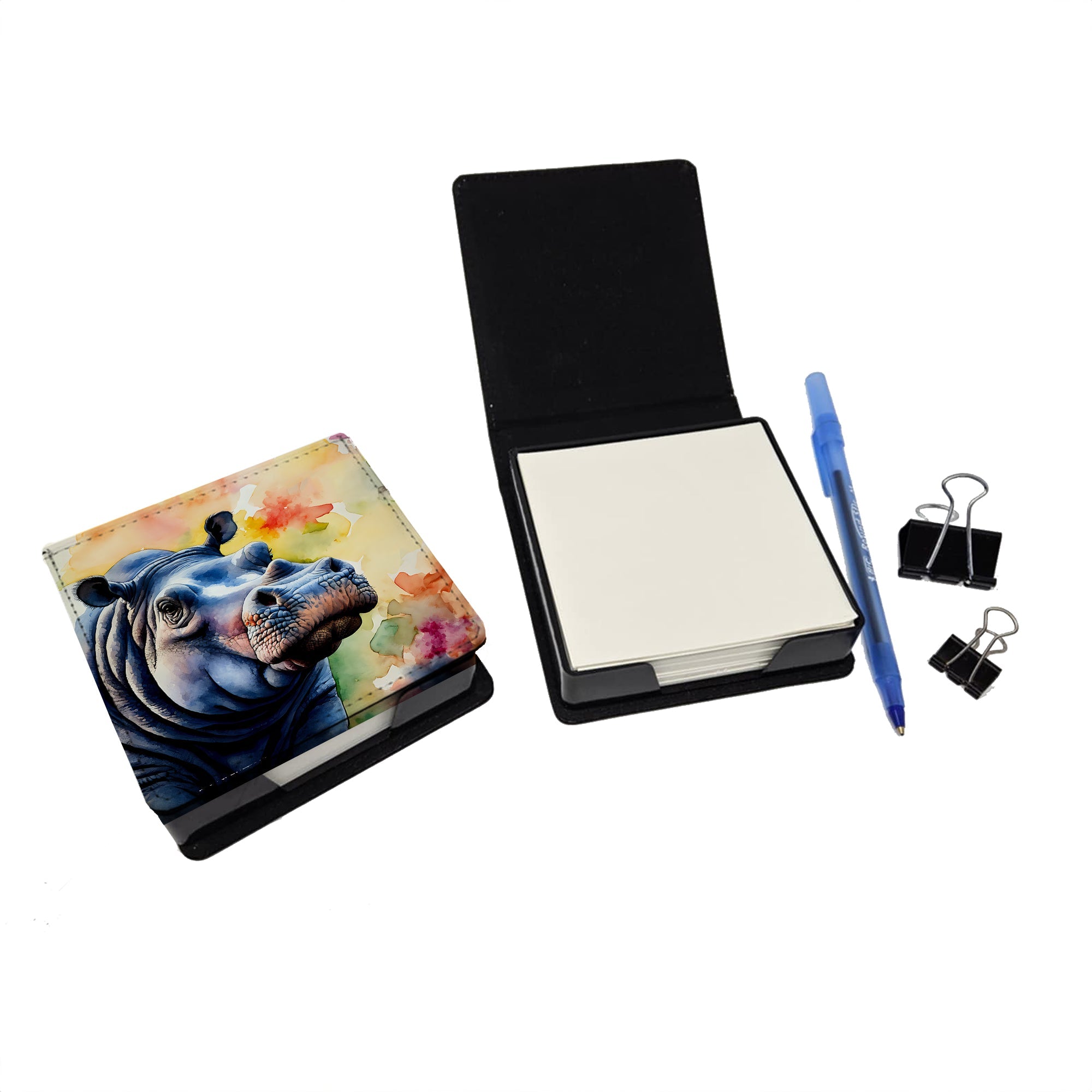 Hippopotamus PU Leather Note Paper Holder with Artist-Designed Cover, Desk Accessory, Office Gift