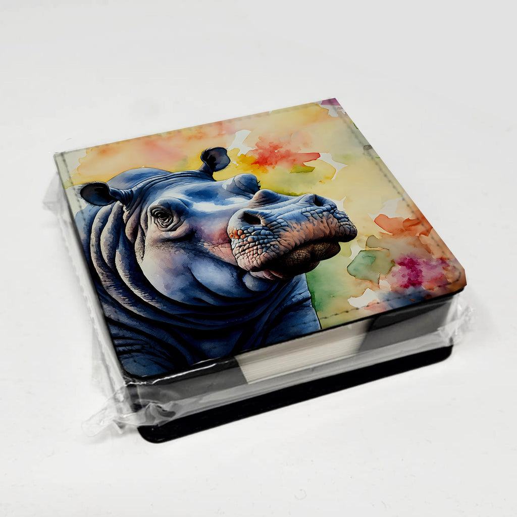 Hippopotamus PU Leather Note Paper Holder with Artist-Designed Cover, Desk Accessory, Office Gift